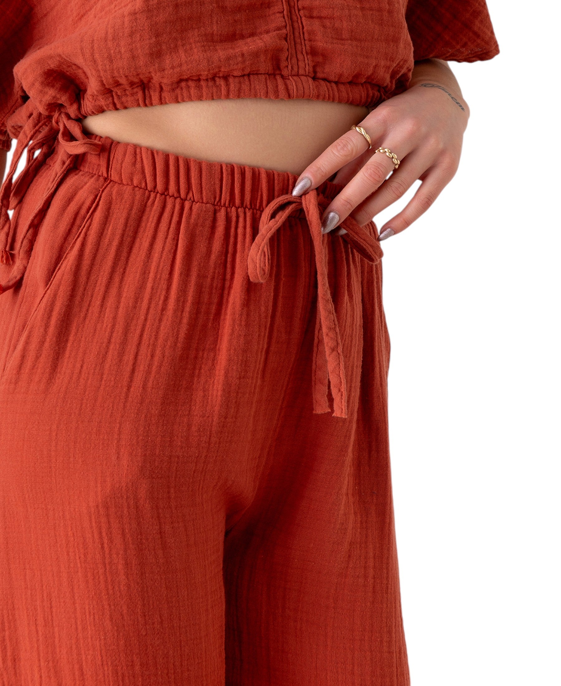 Palazzohose MusselinDamen Sommerhose 100 % Baumwolle, elastischer Bund