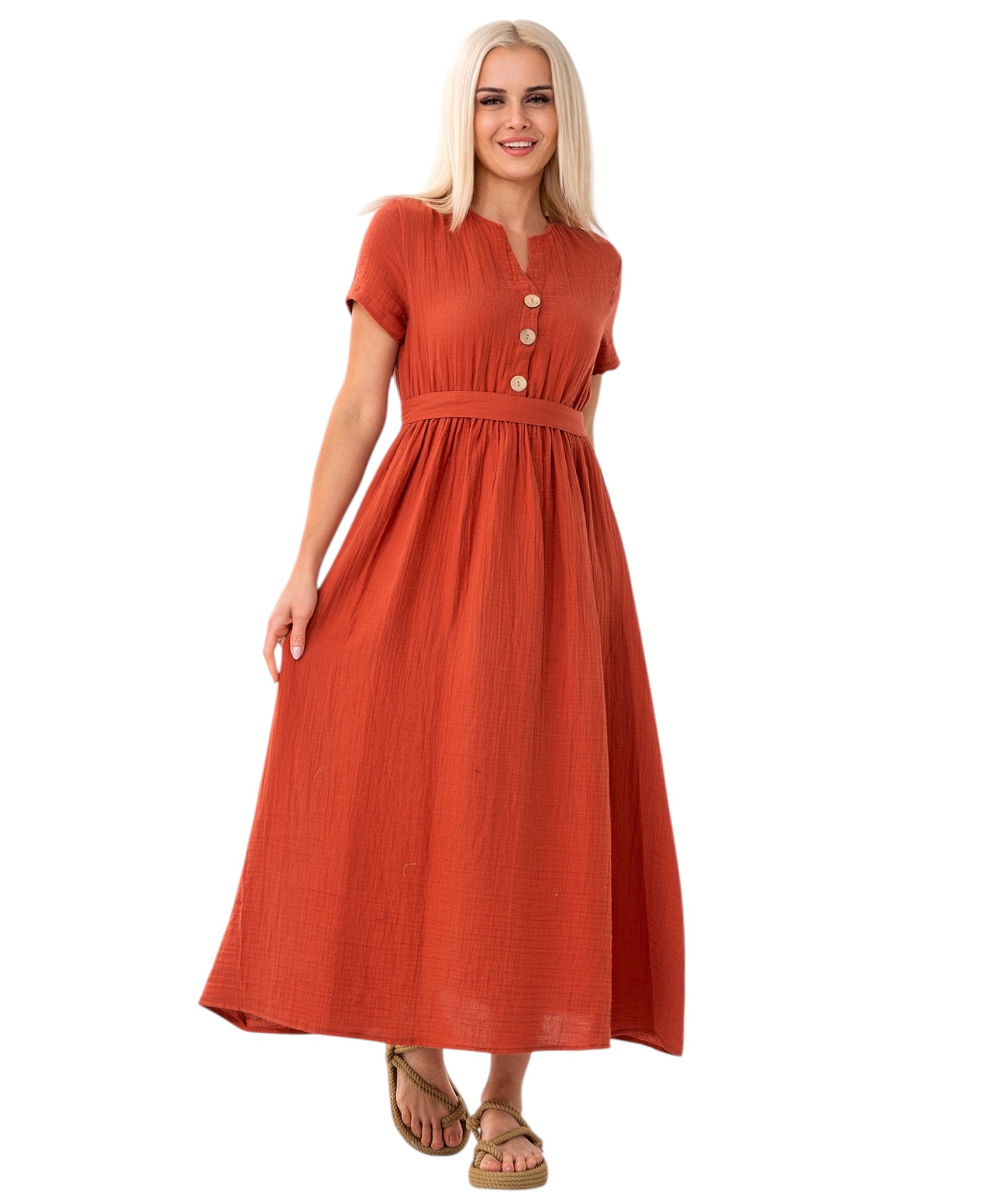 Sommerkleid Musselin Boho Kleid mit Knopfleiste & Taillenband, Freizeitkleid