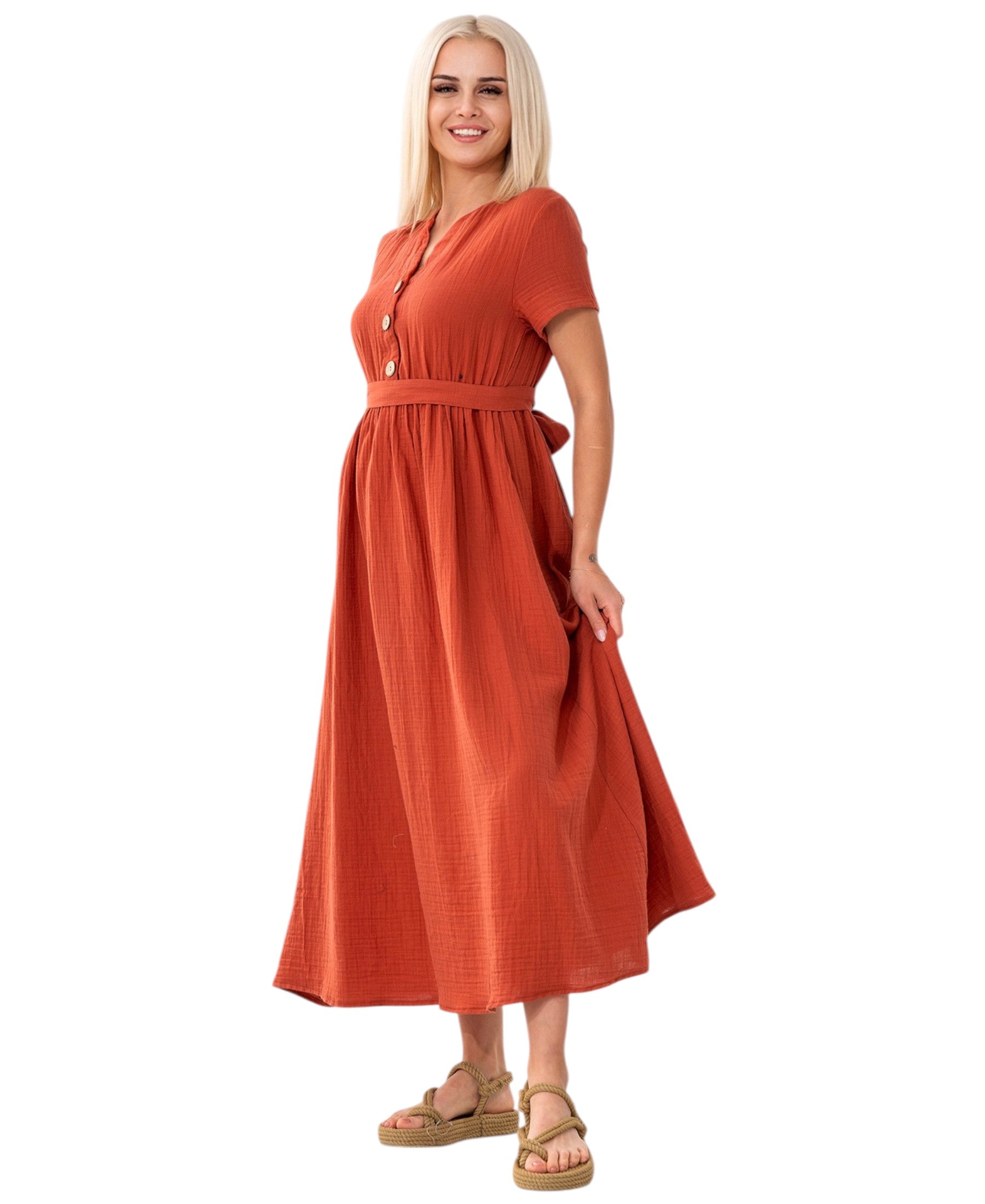 Sommerkleid Musselin Boho Kleid mit Knopfleiste & Taillenband, Freizeitkleid