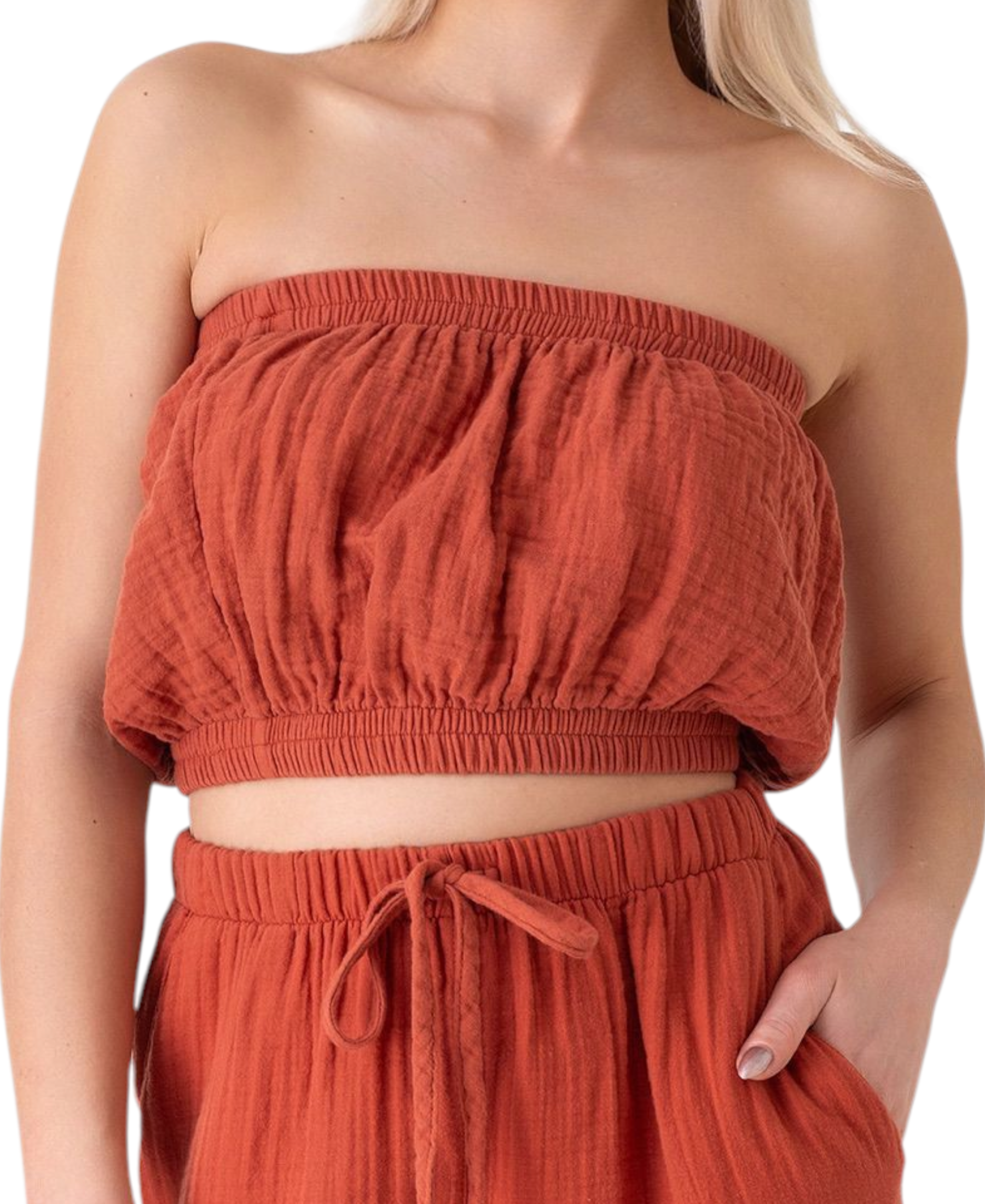 Crop-Top – Trägerloses Musselin-Oberteil mit Gummizug aus 100 % Baumwolle