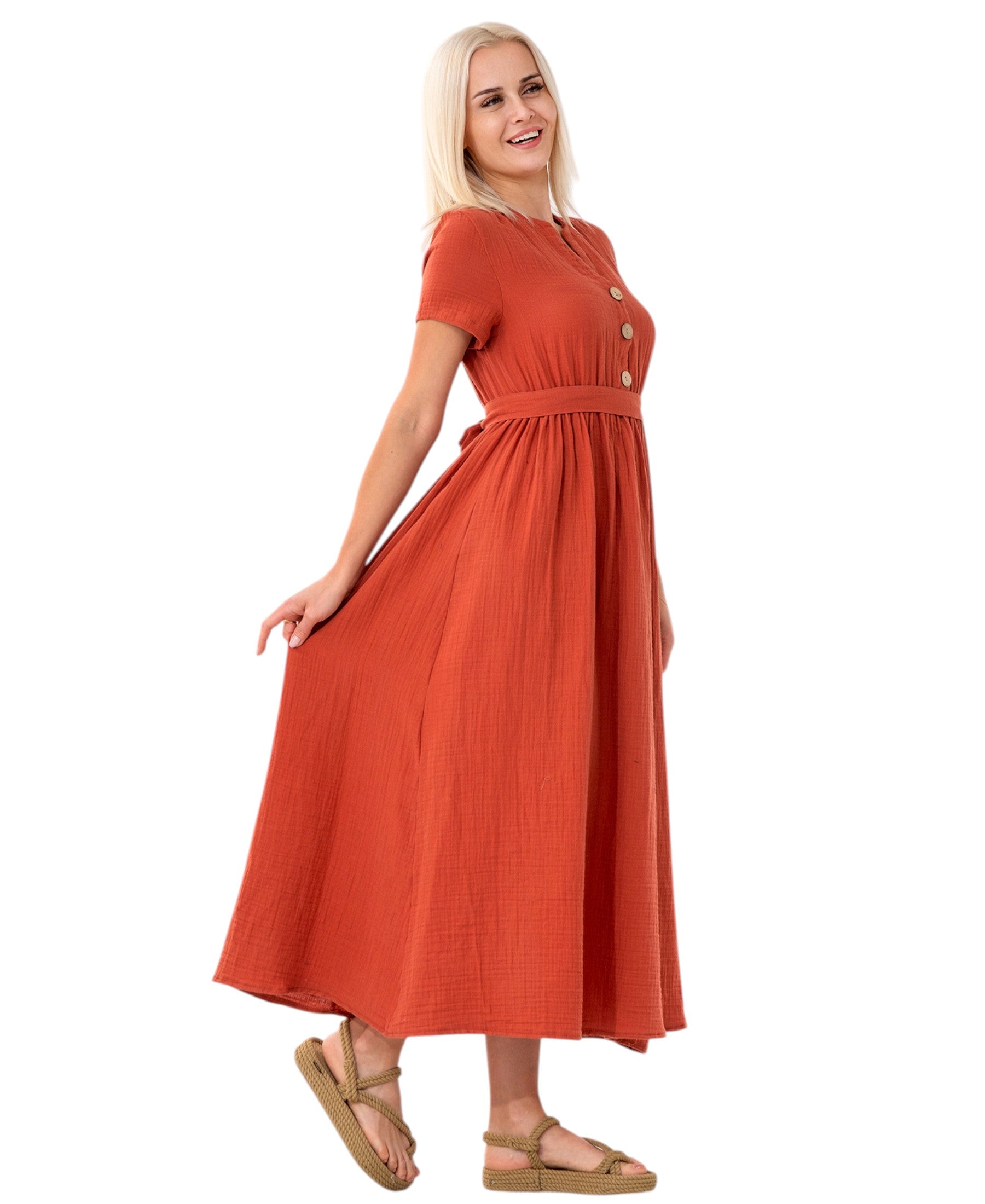 Sommerkleid Musselin Boho Kleid mit Knopfleiste & Taillenband, Freizeitkleid