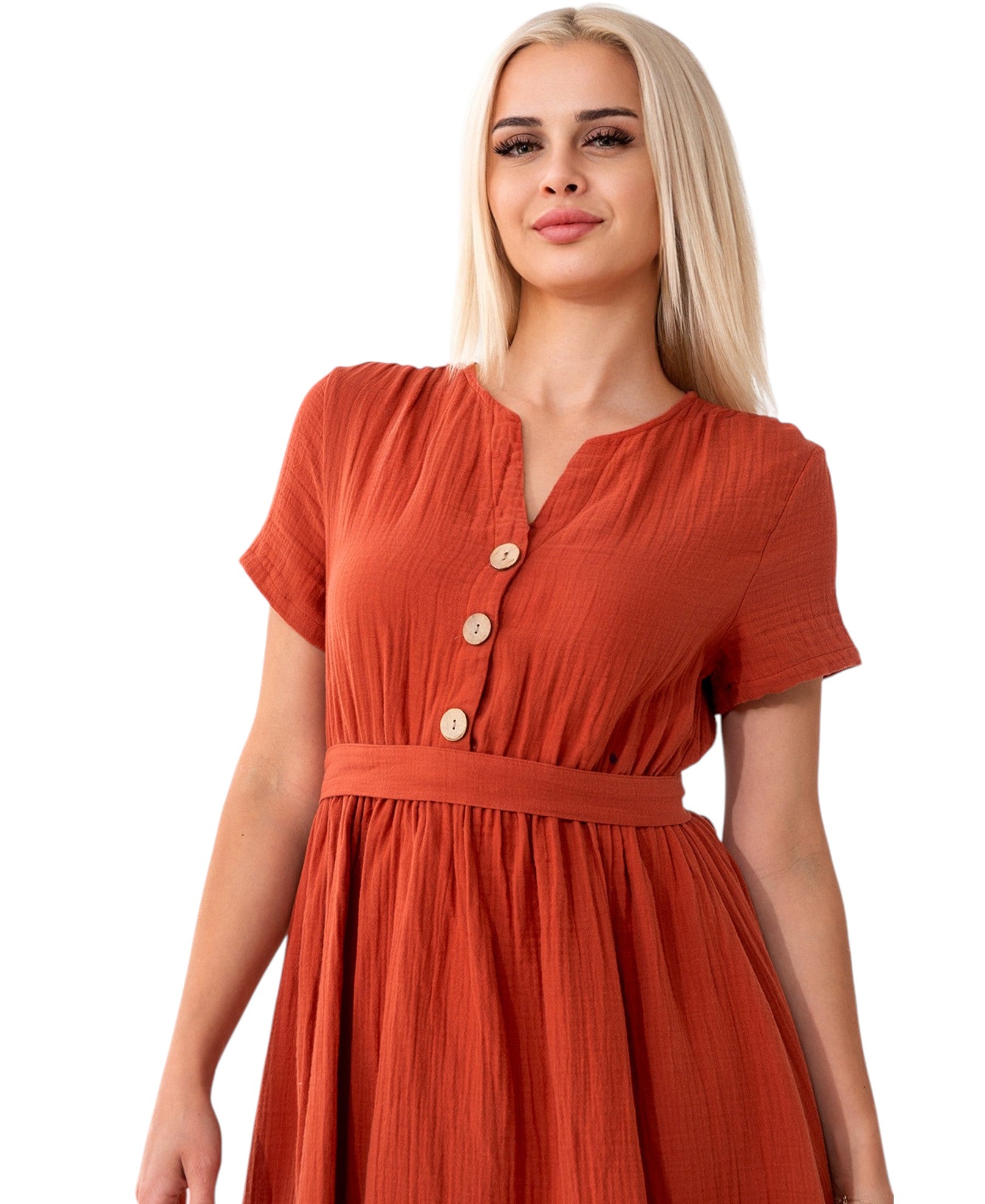 Sommerkleid Musselin Boho Kleid mit Knopfleiste & Taillenband, Freizeitkleid