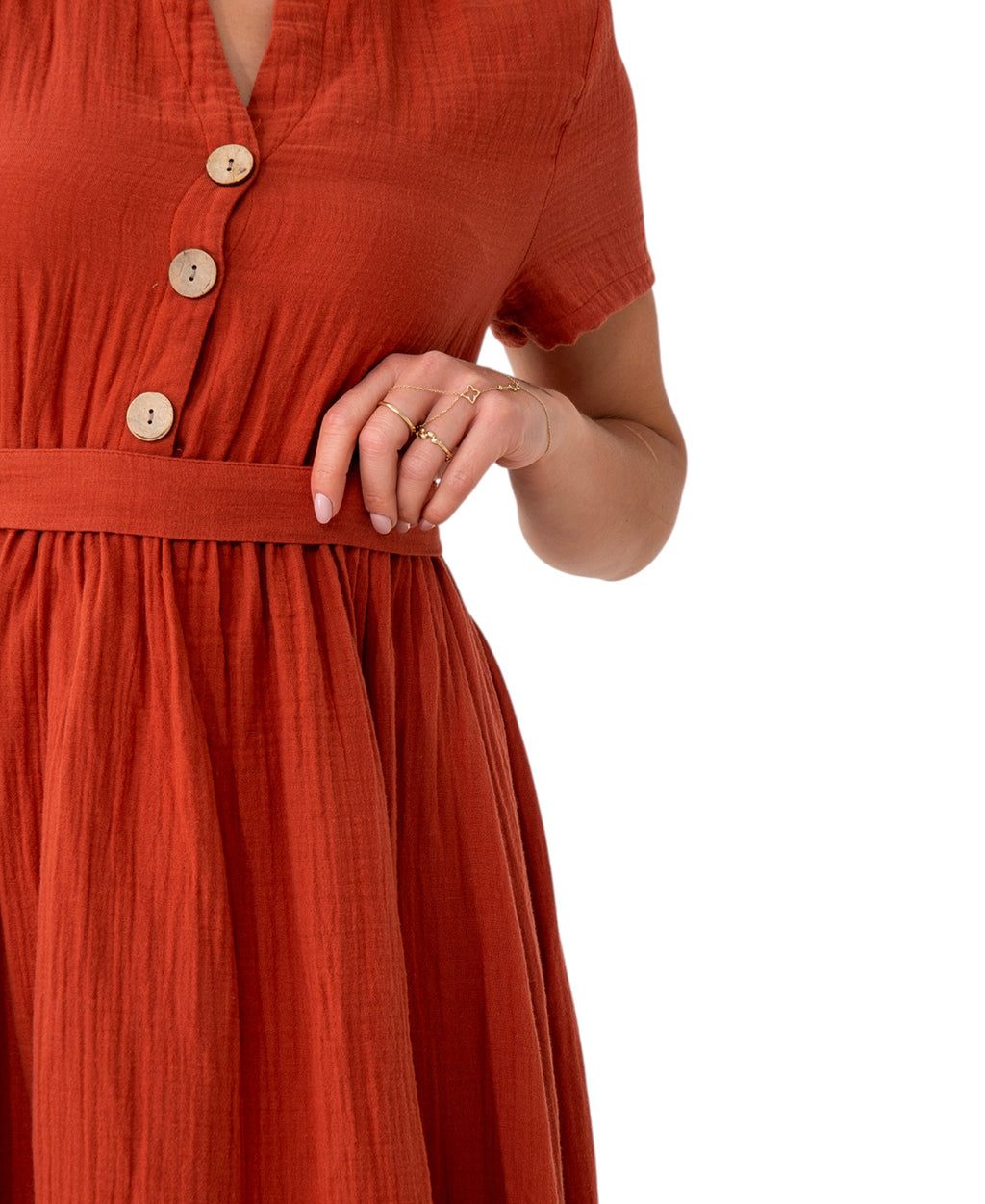 Sommerkleid Musselin Boho Kleid mit Knopfleiste & Taillenband, Freizeitkleid