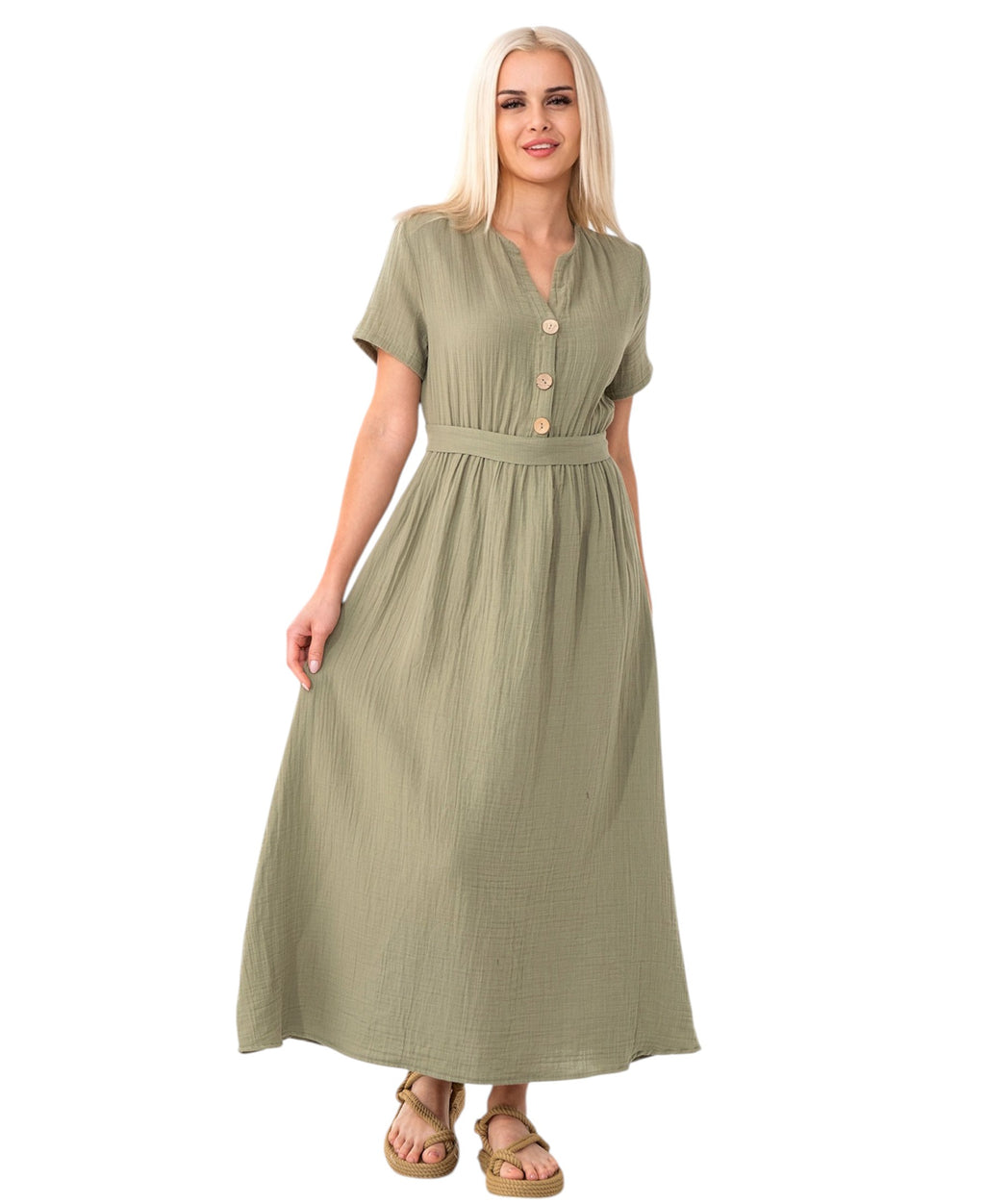 Sommerkleid Musselin Boho Kleid mit Knopfleiste & Taillenband, Freizeitkleid