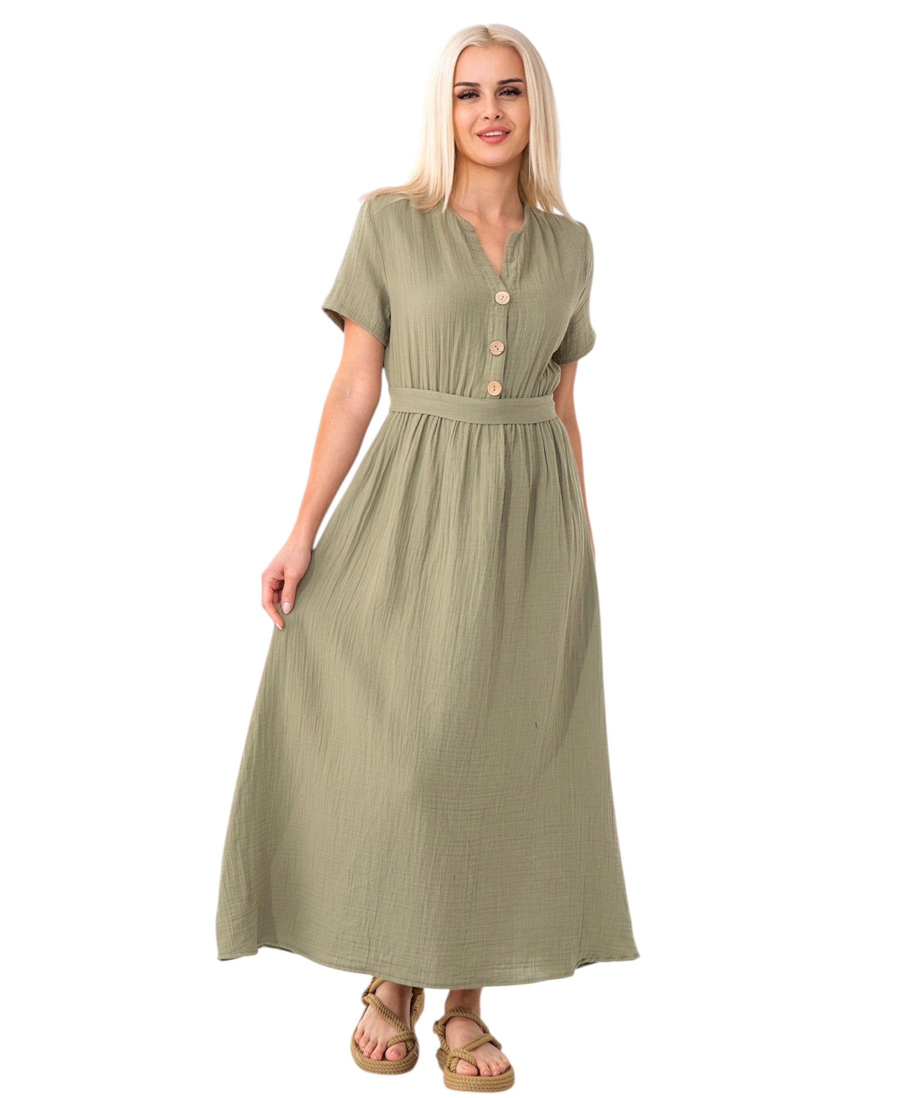 Sommerkleid Musselin Boho Kleid mit Knopfleiste & Taillenband, Freizeitkleid
