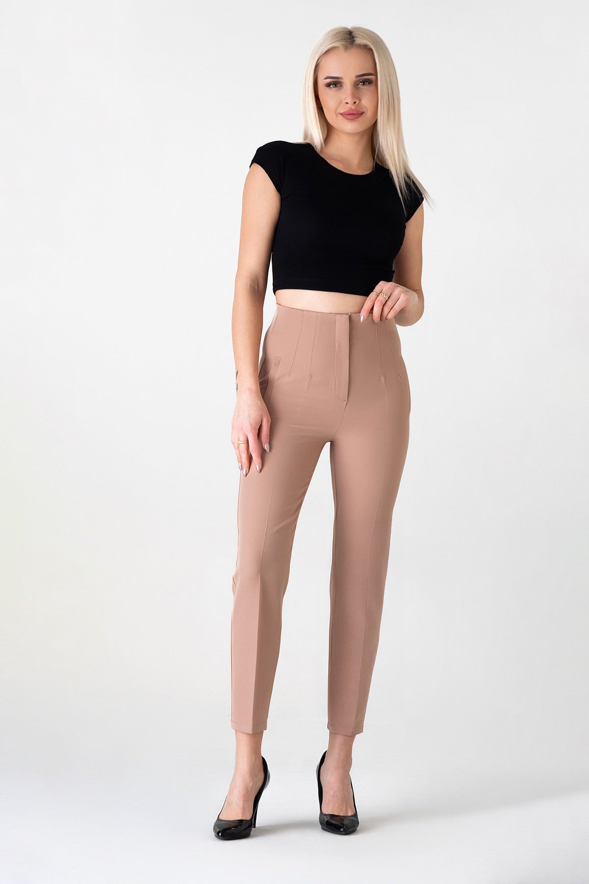 Bügelfaltenhose Damen Hose Elegant Slim Fit Stretch mit V-Detail