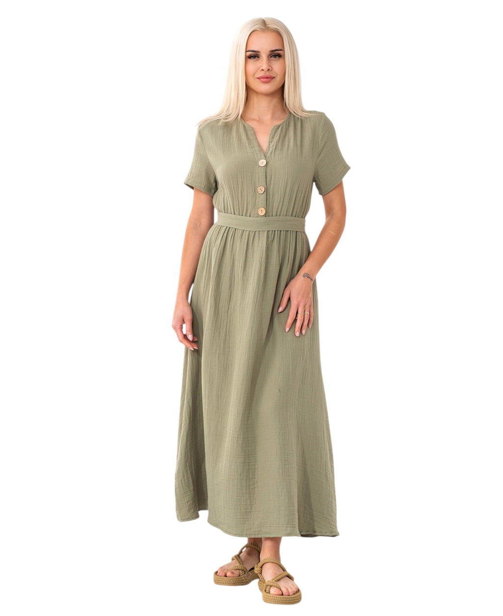 Sommerkleid Musselin Boho Kleid mit Knopfleiste & Taillenband, Freizeitkleid