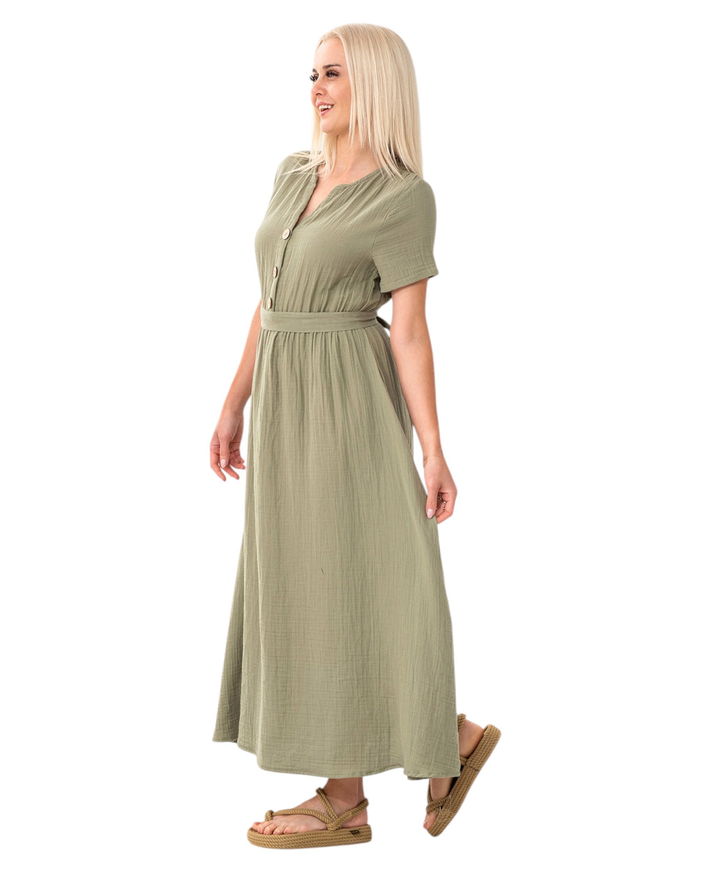 Sommerkleid Musselin Boho Kleid mit Knopfleiste & Taillenband, Freizeitkleid