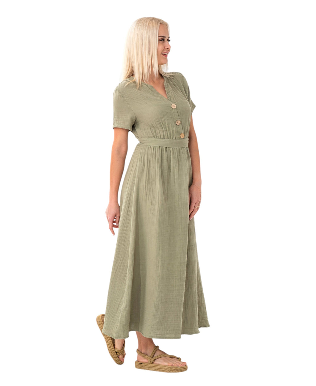 Sommerkleid Musselin Boho Kleid mit Knopfleiste & Taillenband, Freizeitkleid