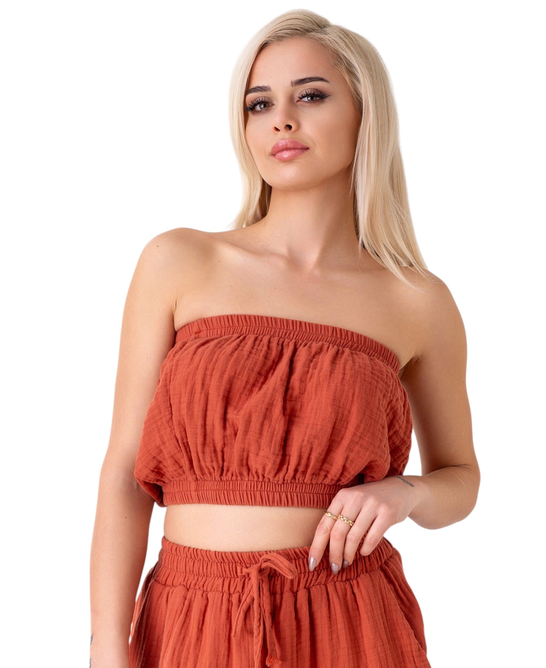 Crop-Top – Trägerloses Musselin-Oberteil mit Gummizug aus 100 % Baumwolle