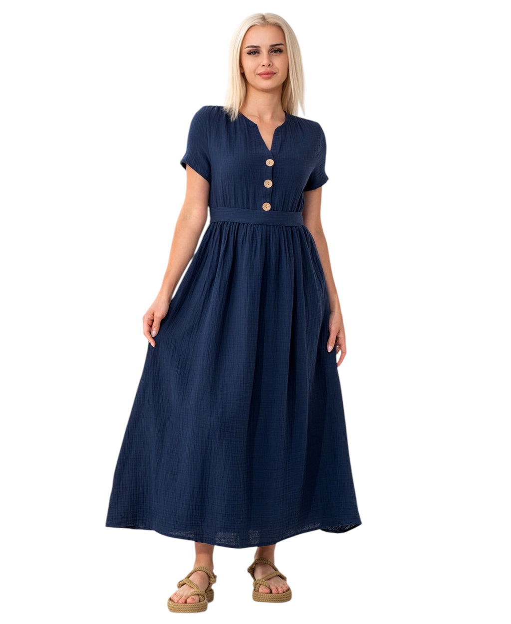 Sommerkleid Musselin Boho Kleid mit Knopfleiste & Taillenband, Freizeitkleid