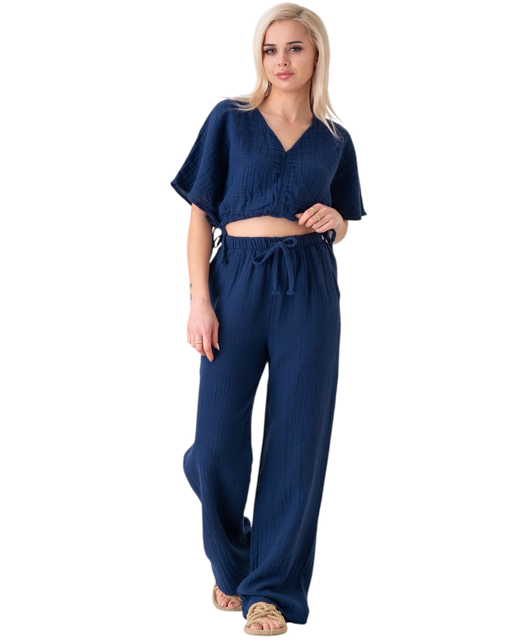 Palazzohose MusselinDamen Sommerhose 100 % Baumwolle, elastischer Bund