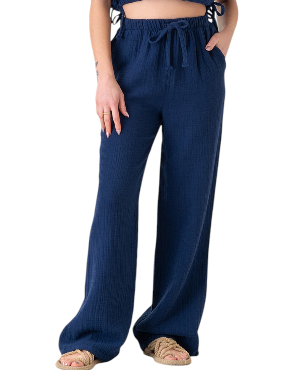 Palazzohose MusselinDamen Sommerhose 100 % Baumwolle, elastischer Bund