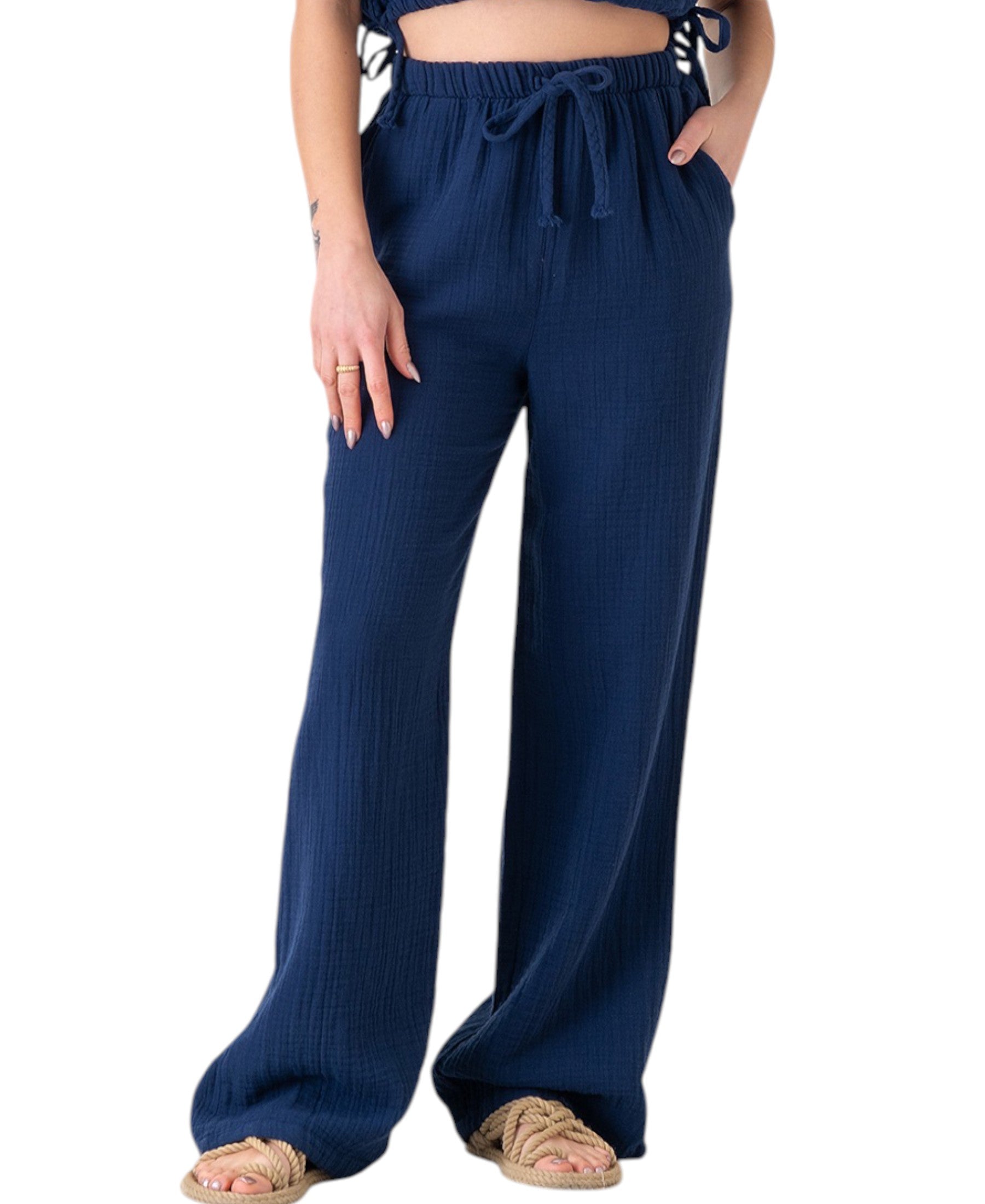 Palazzohose MusselinDamen Sommerhose 100 % Baumwolle, elastischer Bund