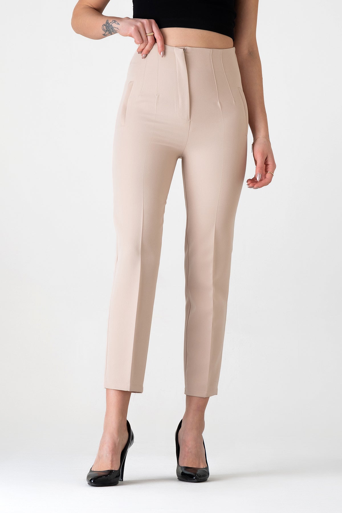 Bügelfaltenhose Damen Hose Elegant Slim Fit Stretch mit V-Detail