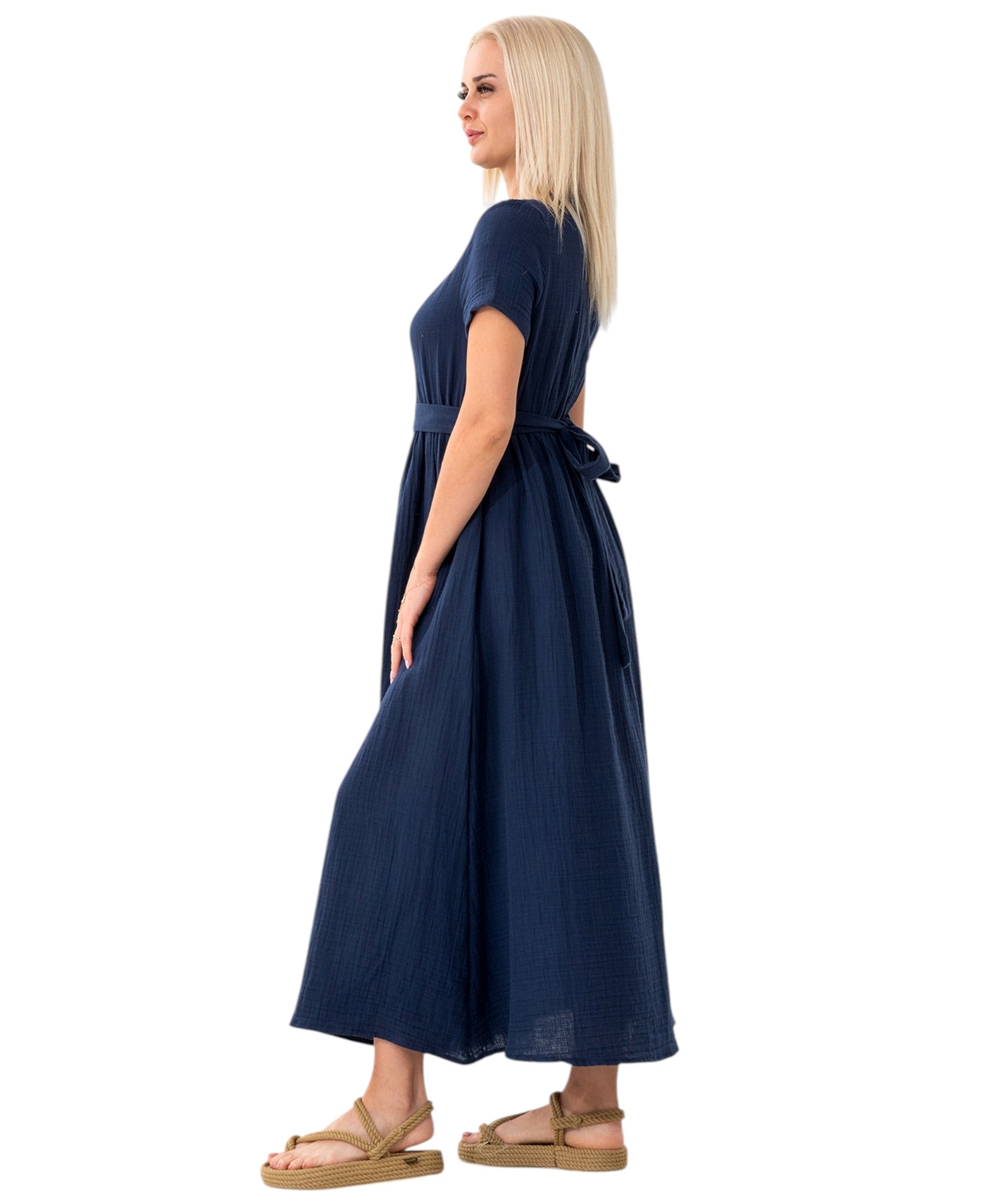 Sommerkleid Musselin Boho Kleid mit Knopfleiste & Taillenband, Freizeitkleid