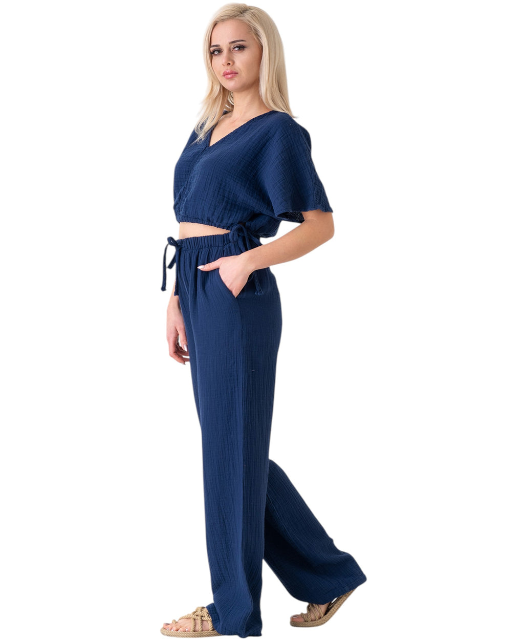 Palazzohose MusselinDamen Sommerhose 100 % Baumwolle, elastischer Bund