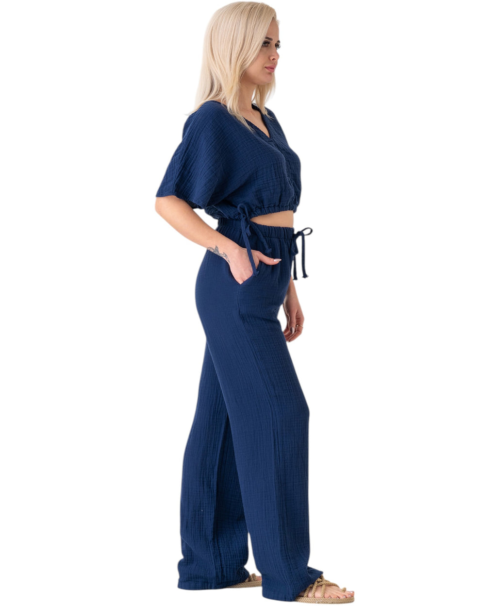 Palazzohose MusselinDamen Sommerhose 100 % Baumwolle, elastischer Bund