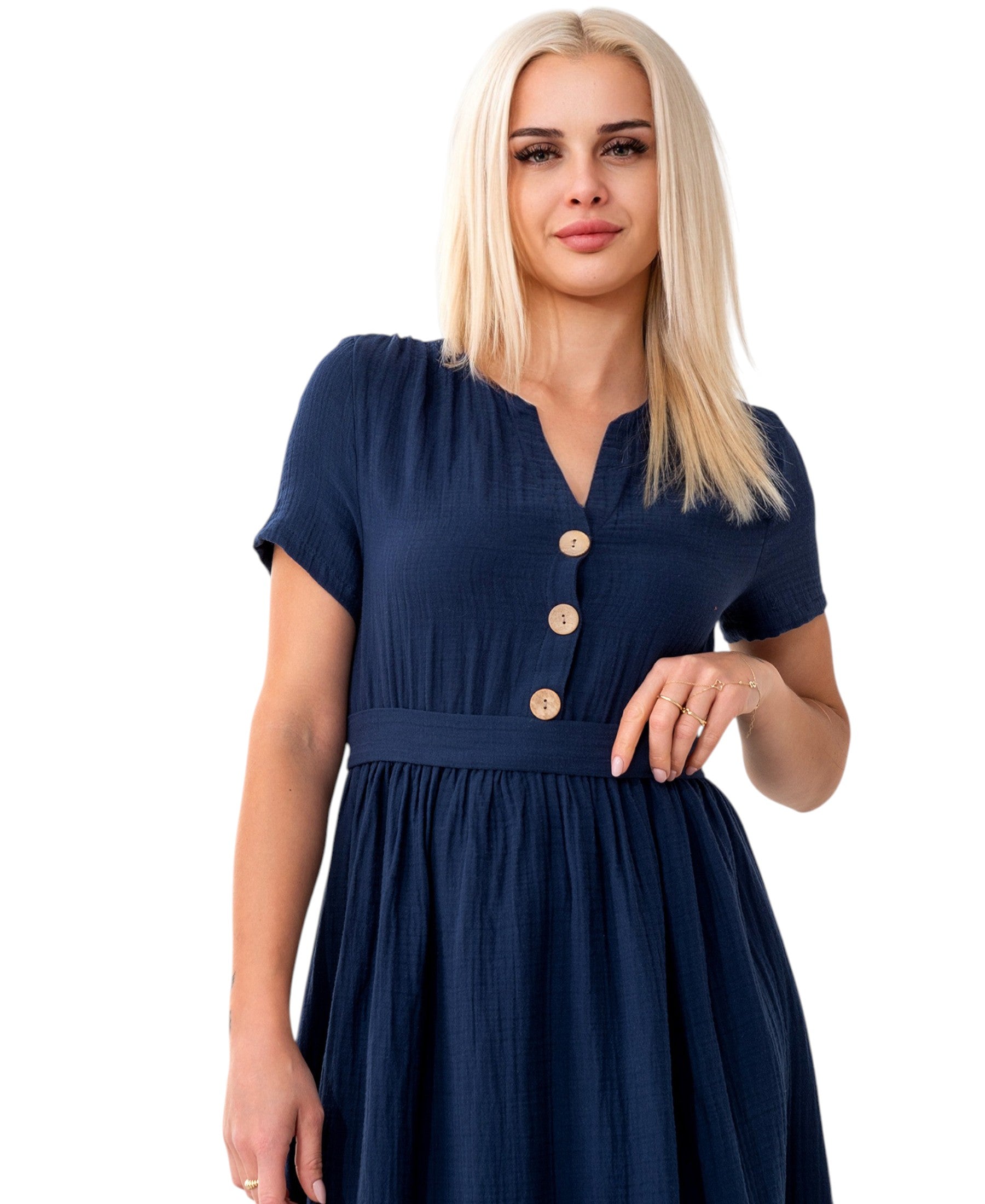 Sommerkleid Musselin Boho Kleid mit Knopfleiste & Taillenband, Freizeitkleid