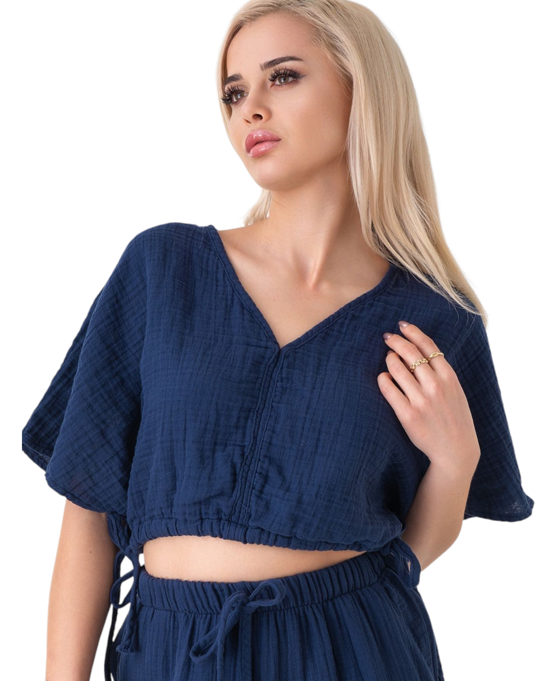 Crop-Top – Luftiges Musselin-Oberteil mit Tunnelzug und V-Ausschnitt
