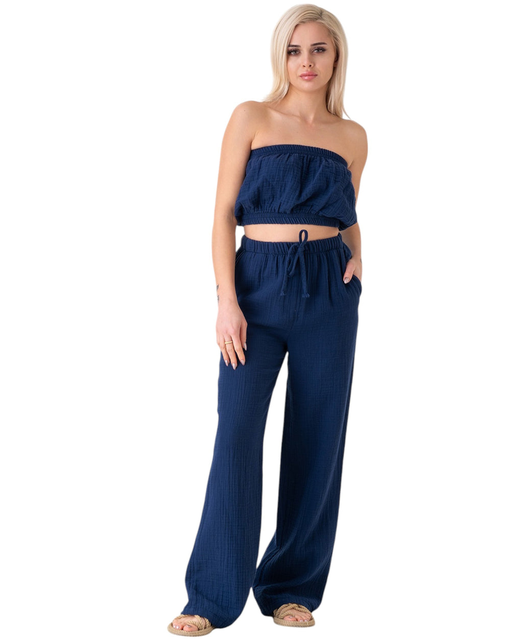 Palazzohose MusselinDamen Sommerhose 100 % Baumwolle, elastischer Bund