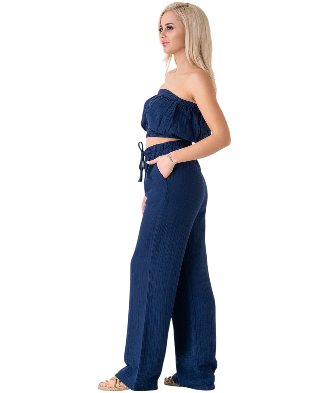 Palazzohose MusselinDamen Sommerhose 100 % Baumwolle, elastischer Bund