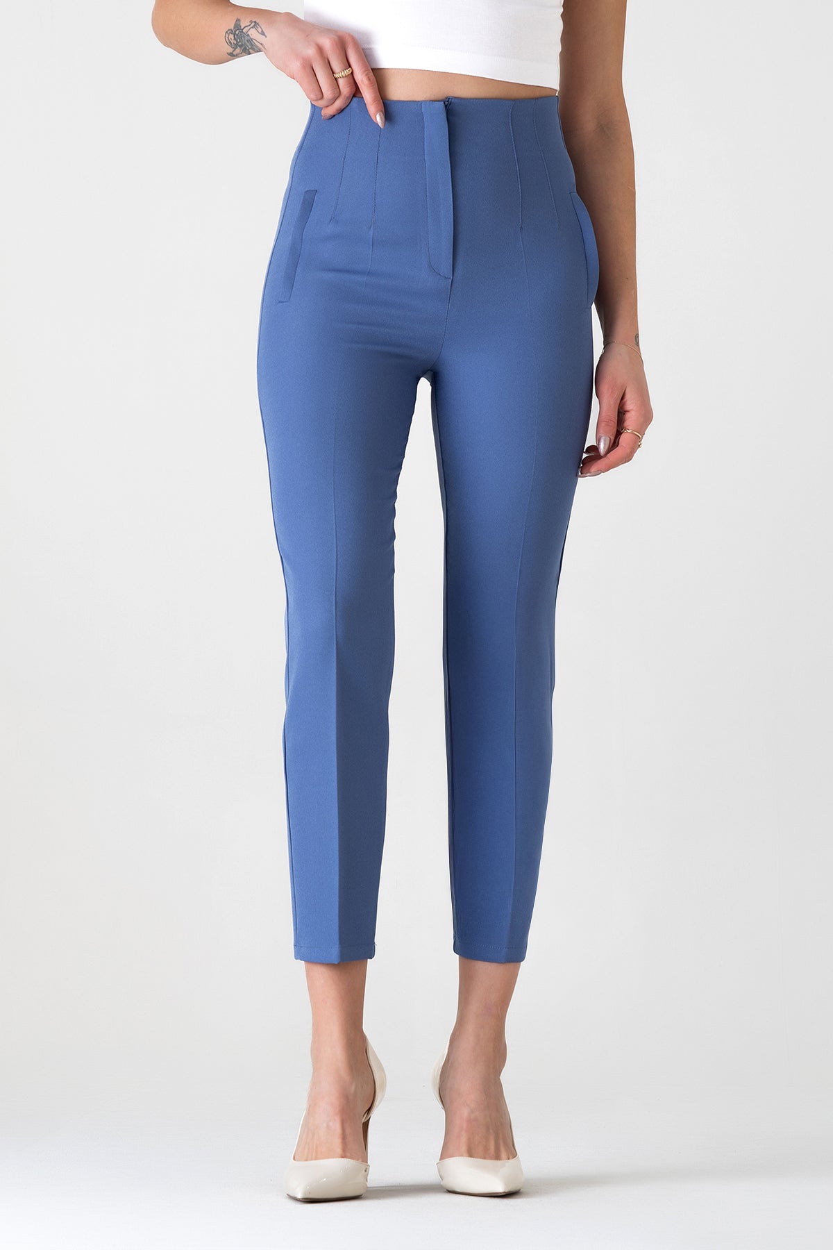 Bügelfaltenhose Damen Hose Elegant Slim Fit Stretch mit V-Detail