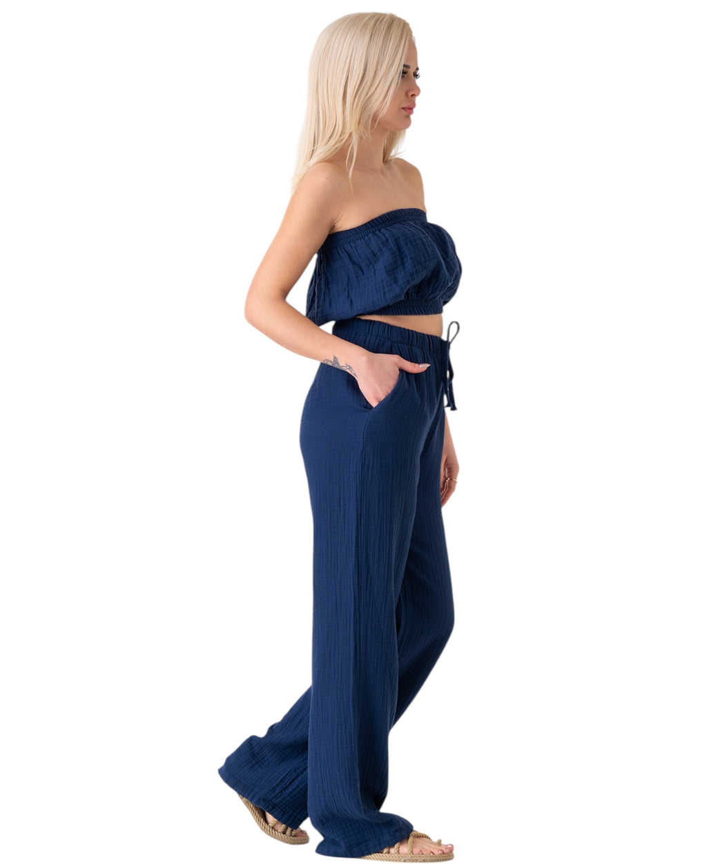 Palazzohose MusselinDamen Sommerhose 100 % Baumwolle, elastischer Bund