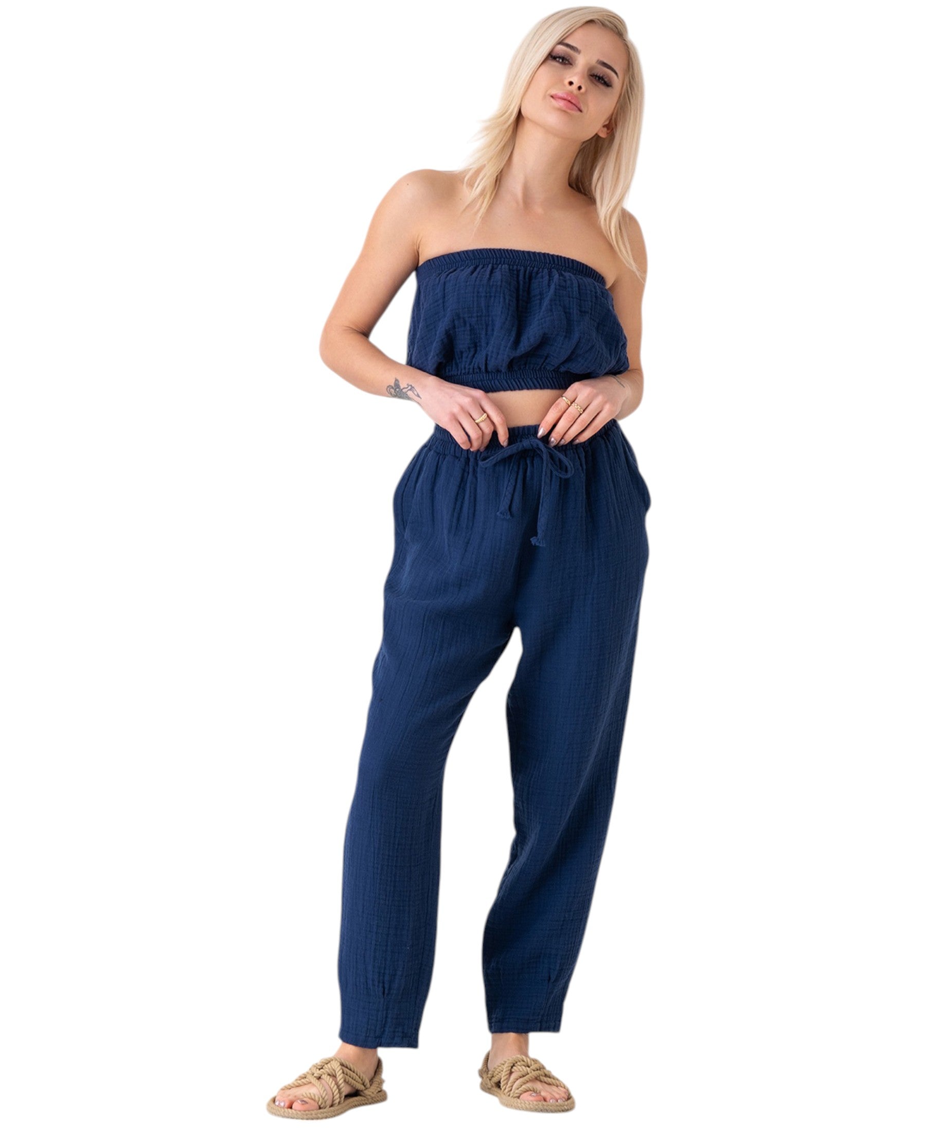 Schlupfhose Musselin Sommerhose, 100 % Baumwolle, elastischer Bund, Knöchellänge