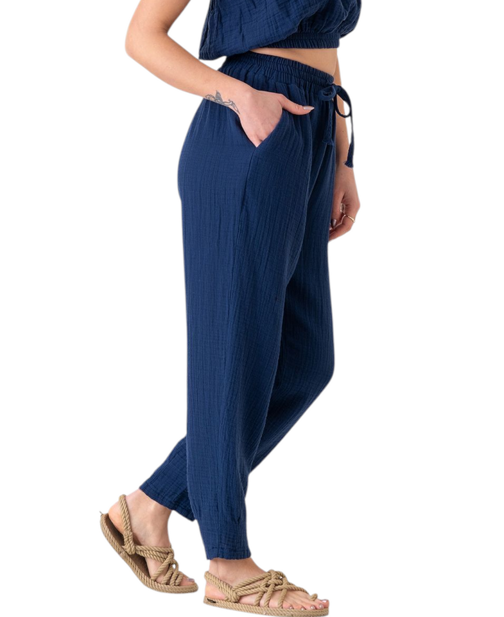 Schlupfhose Musselin Sommerhose, 100 % Baumwolle, elastischer Bund, Knöchellänge