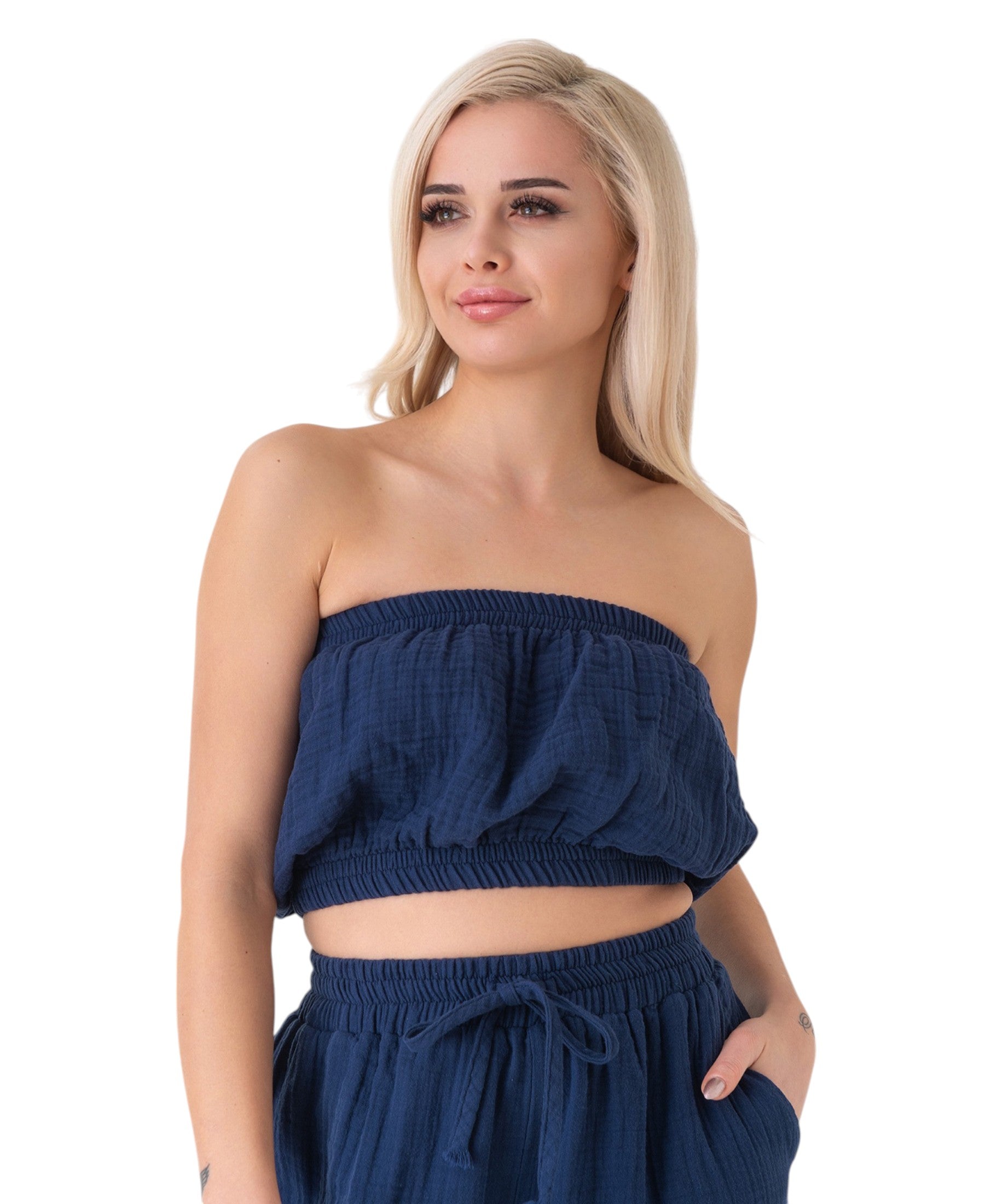 Crop-Top – Trägerloses Musselin-Oberteil mit Gummizug aus 100 % Baumwolle