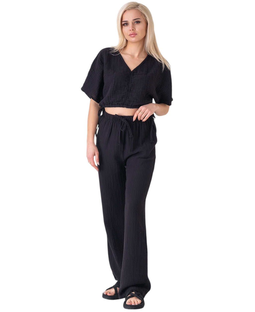 Palazzohose MusselinDamen Sommerhose 100 % Baumwolle, elastischer Bund