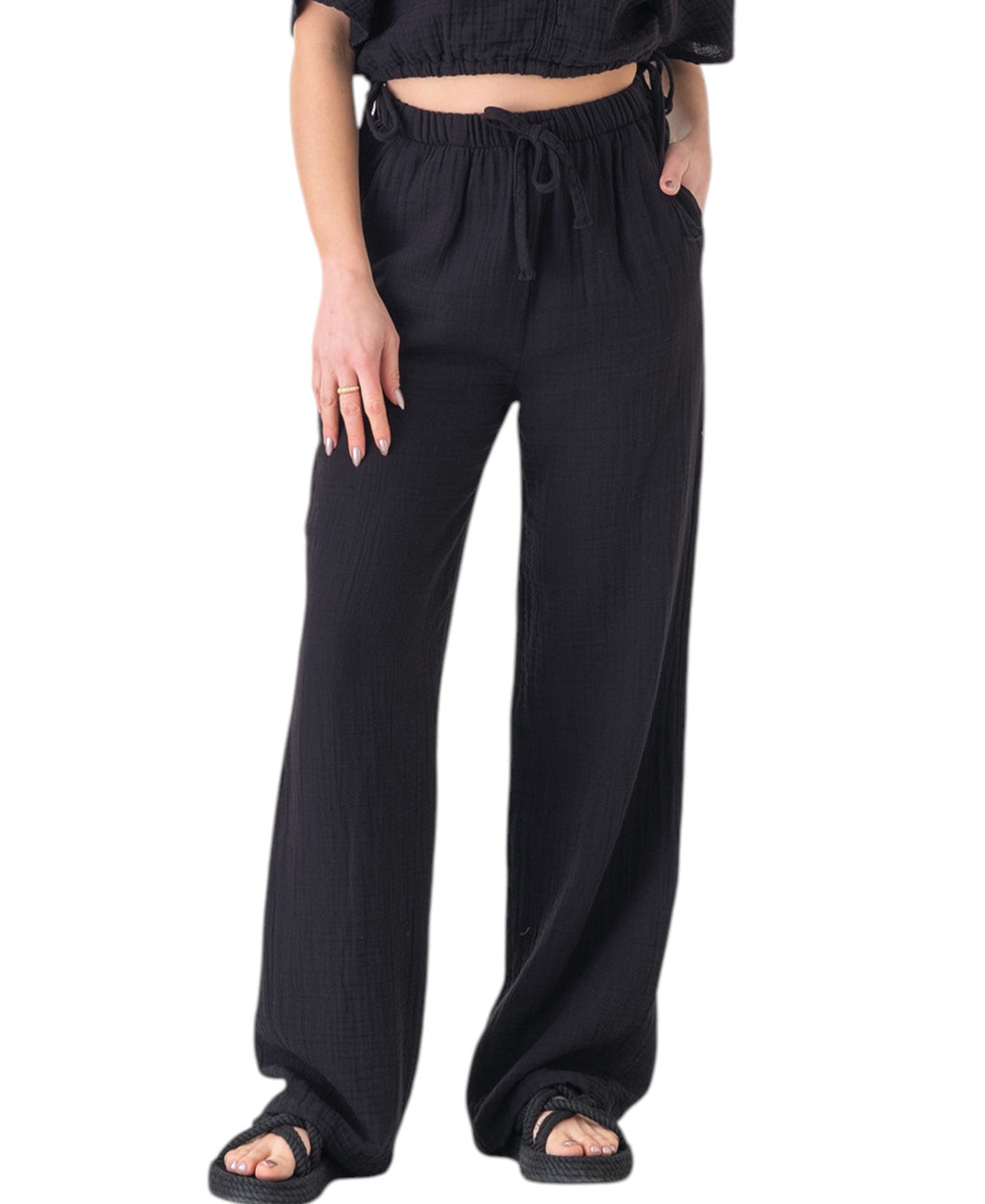 Palazzohose MusselinDamen Sommerhose 100 % Baumwolle, elastischer Bund