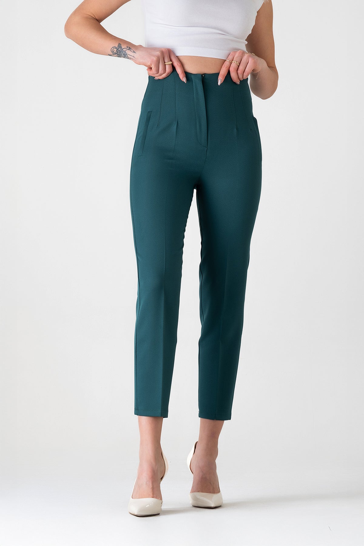 Bügelfaltenhose Damen Hose Elegant Slim Fit Stretch mit V-Detail