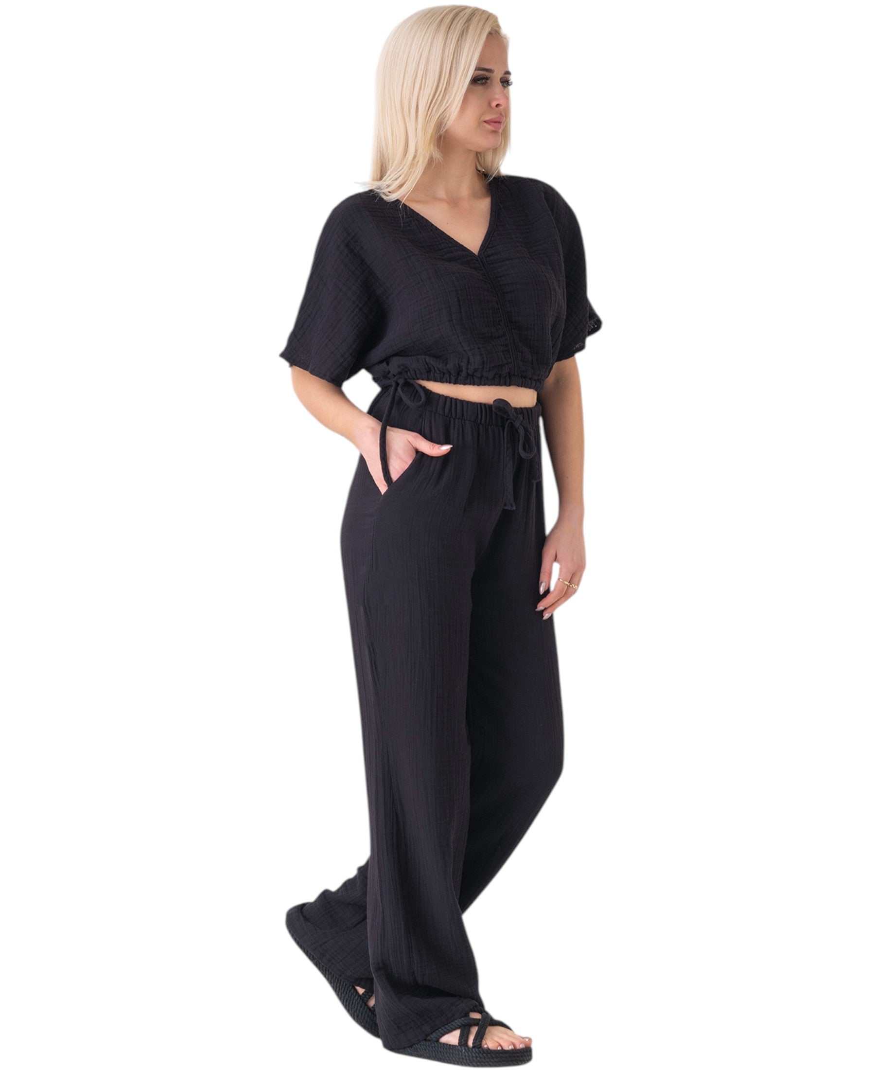 Palazzohose MusselinDamen Sommerhose 100 % Baumwolle, elastischer Bund