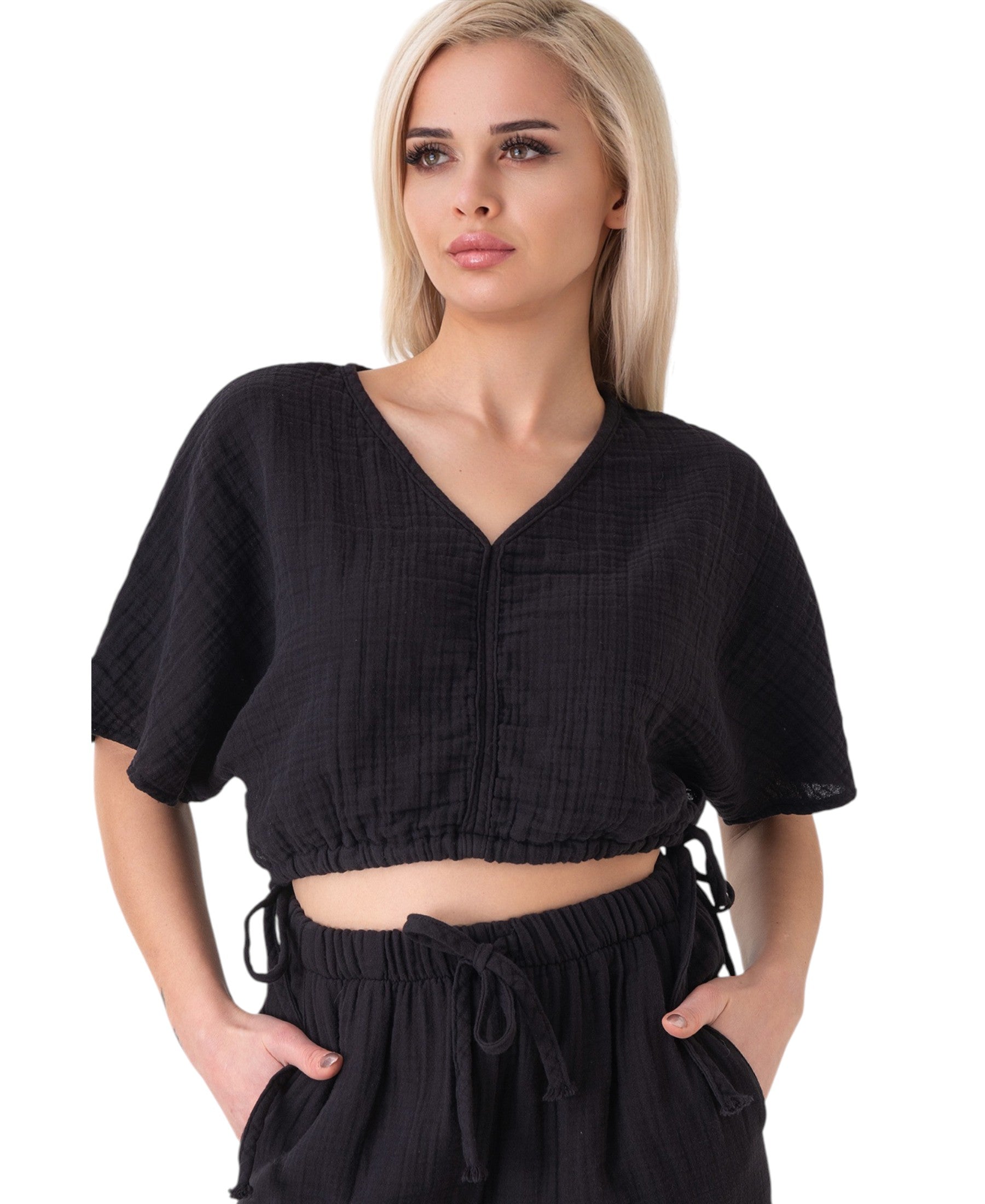 Crop-Top – Luftiges Musselin-Oberteil mit Tunnelzug und V-Ausschnitt