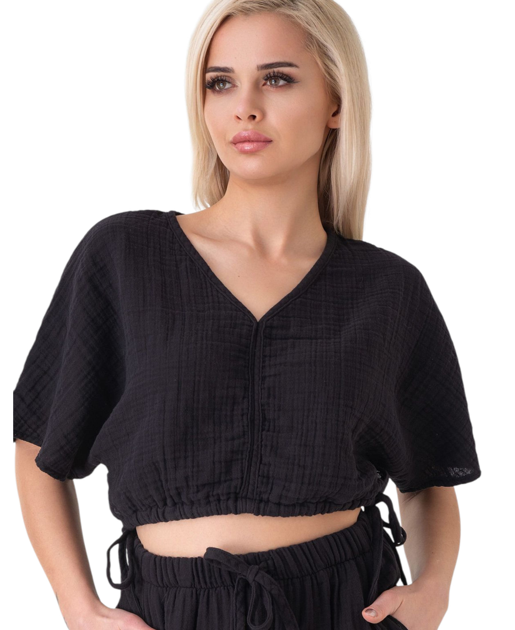 Crop-Top – Luftiges Musselin-Oberteil mit Tunnelzug und V-Ausschnitt