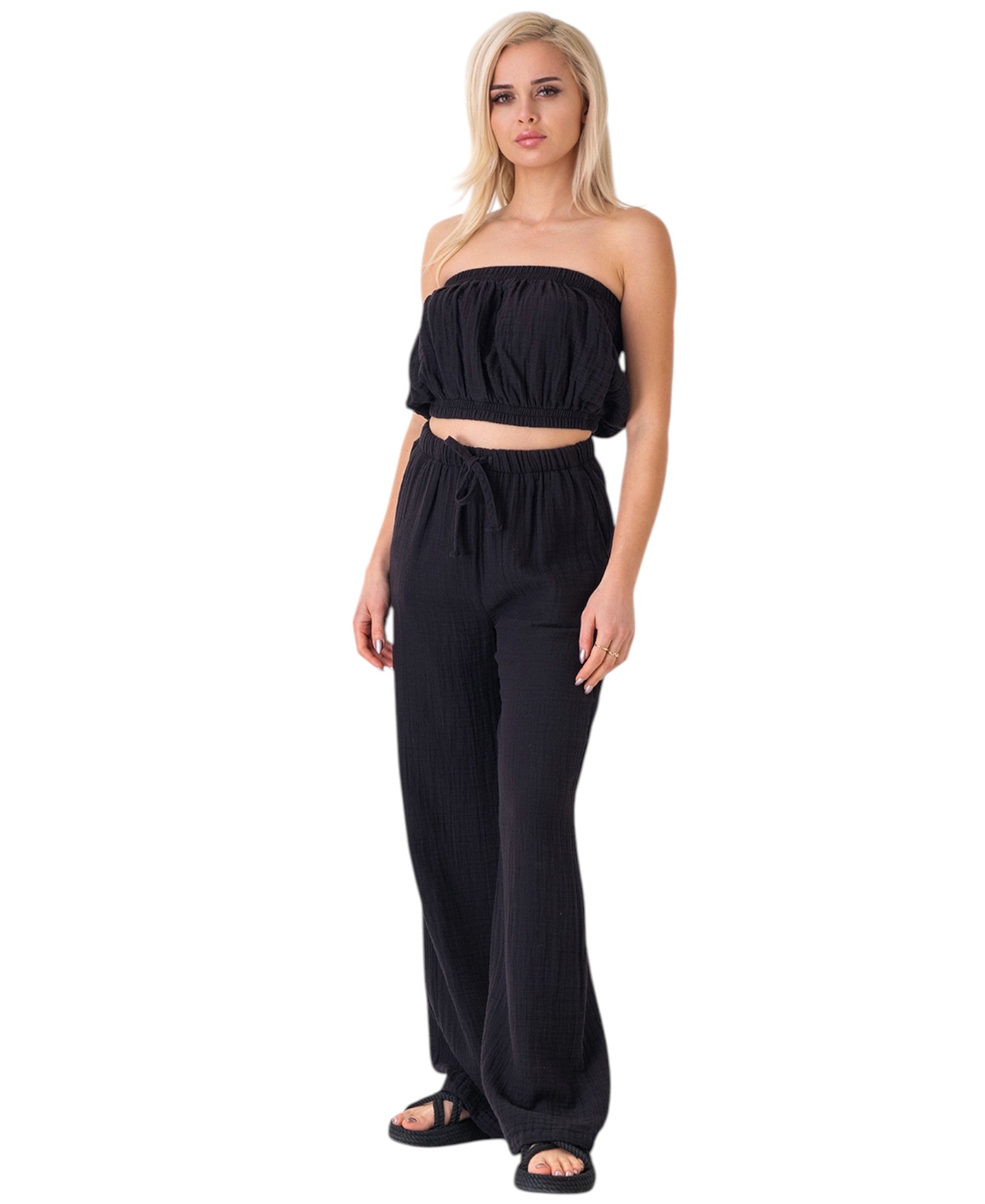 Palazzohose MusselinDamen Sommerhose 100 % Baumwolle, elastischer Bund