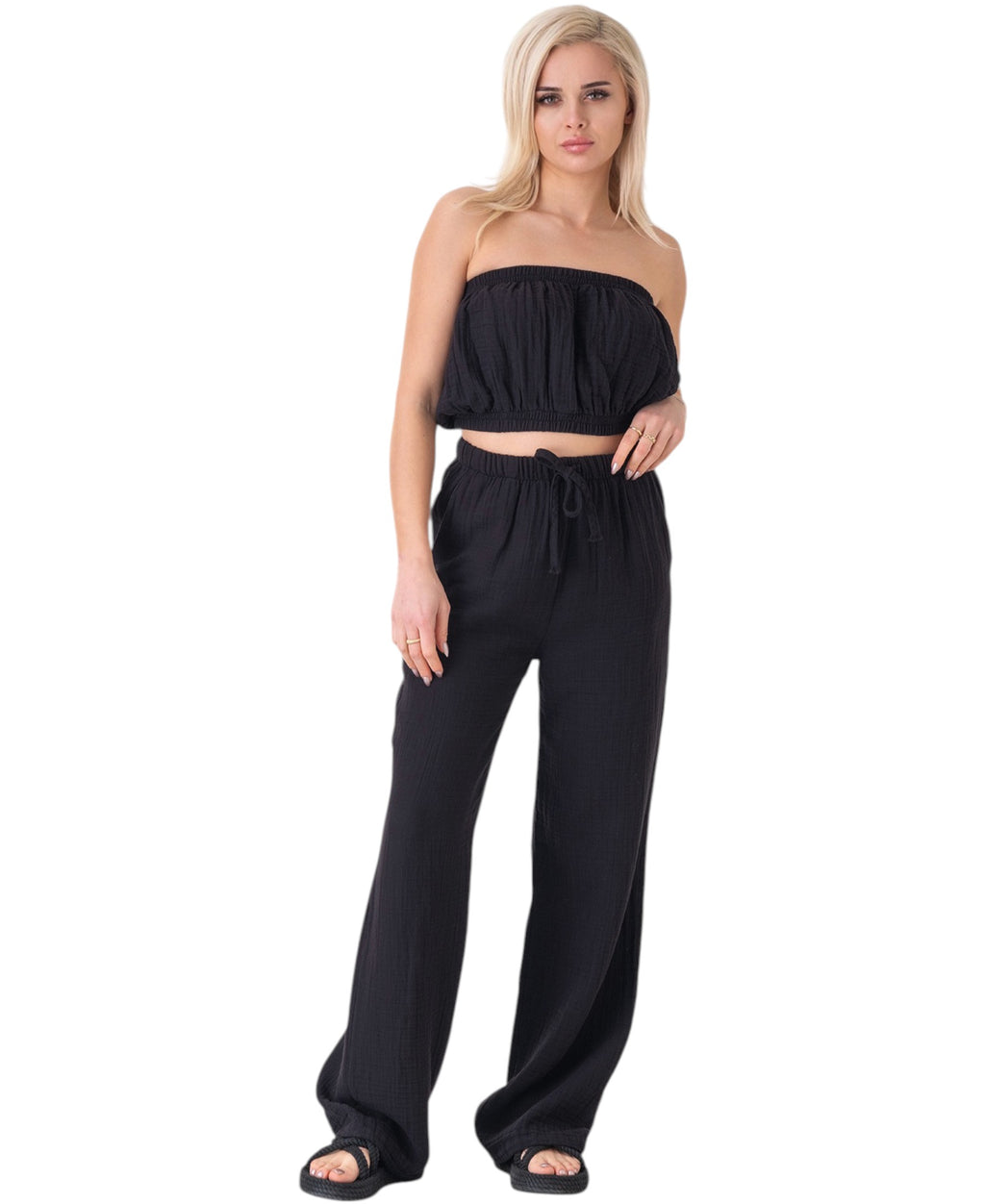 Palazzohose MusselinDamen Sommerhose 100 % Baumwolle, elastischer Bund