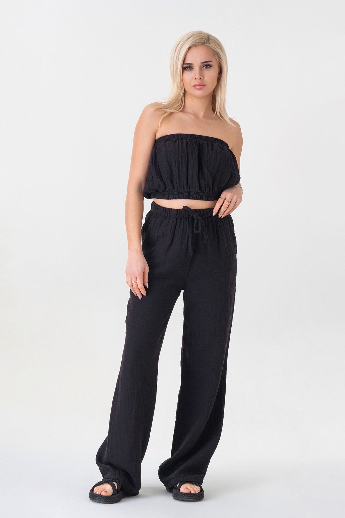 Palazzohose MusselinDamen Sommerhose 100 % Baumwolle, elastischer Bund