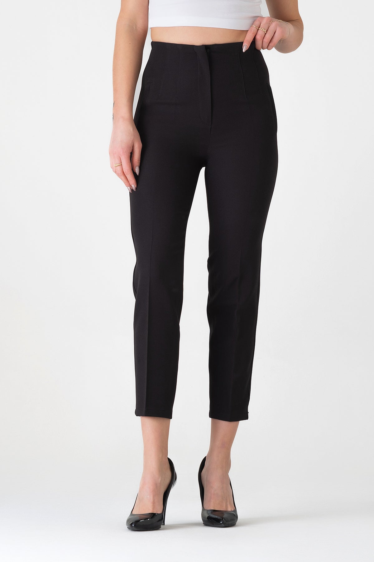 Bügelfaltenhose Damen Hose Elegant Slim Fit Stretch mit V-Detail