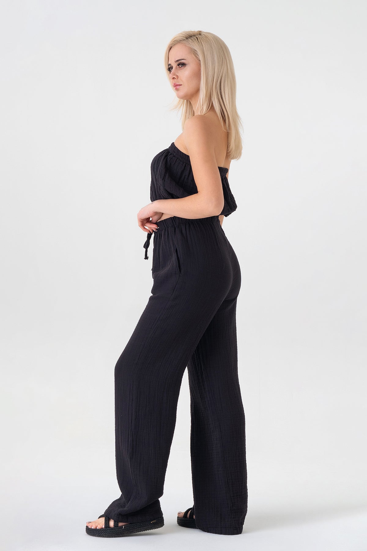 Palazzohose MusselinDamen Sommerhose 100 % Baumwolle, elastischer Bund