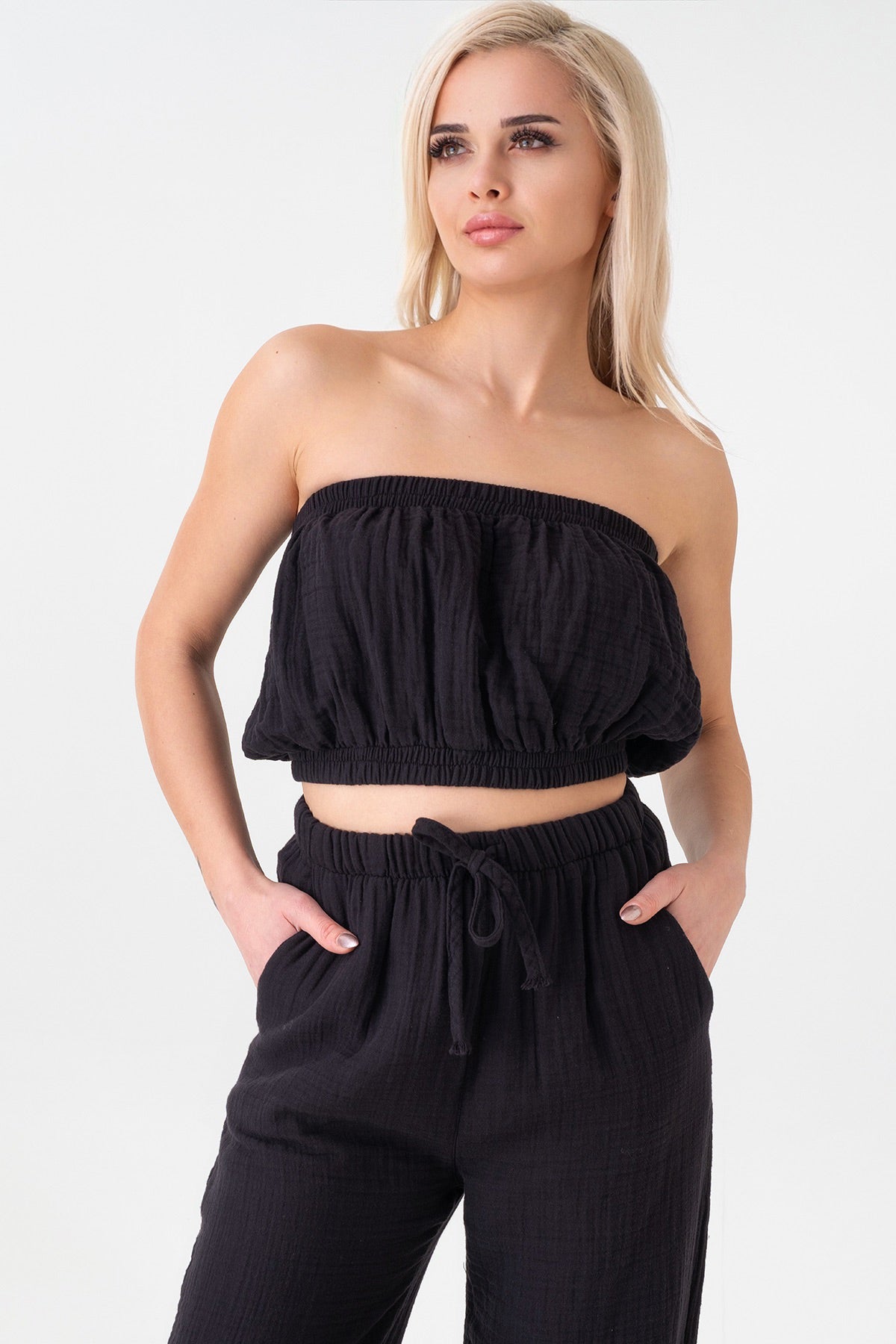 Palazzohose MusselinDamen Sommerhose 100 % Baumwolle, elastischer Bund