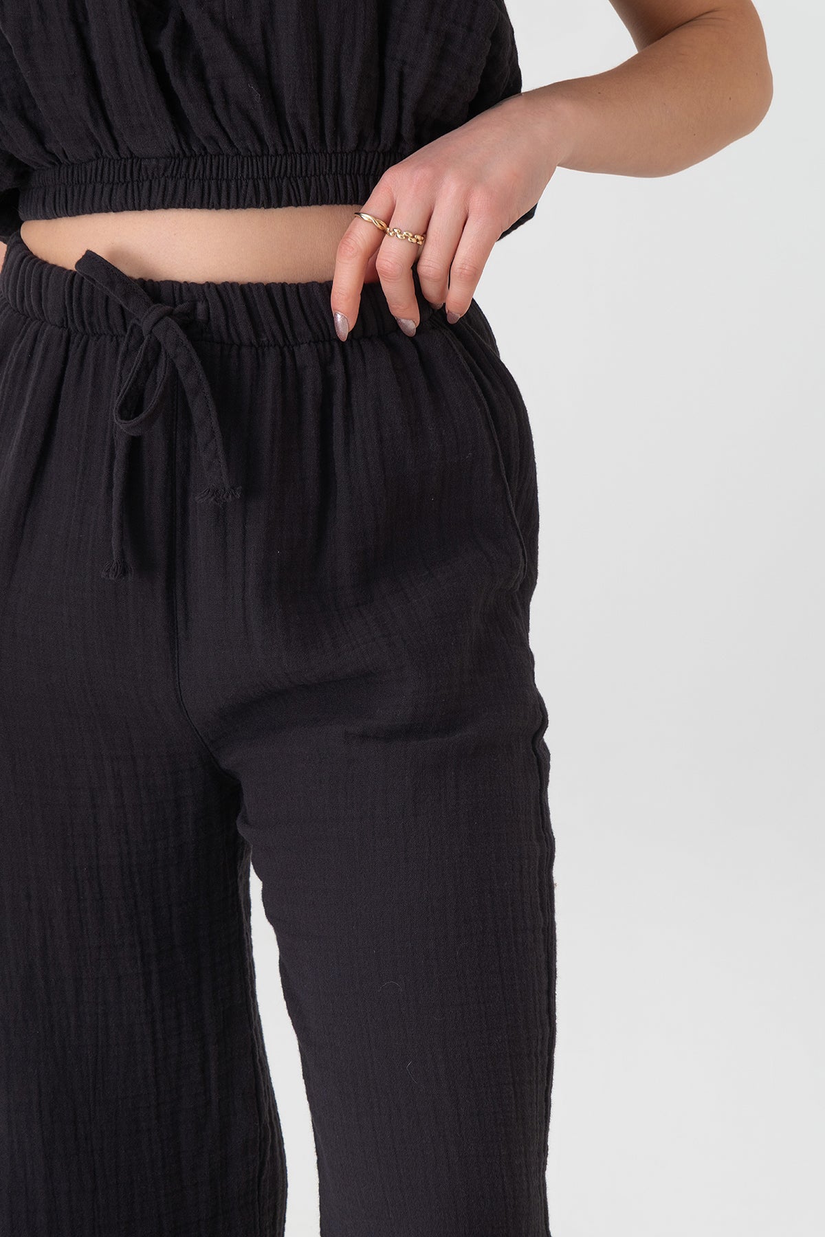 Palazzohose MusselinDamen Sommerhose 100 % Baumwolle, elastischer Bund