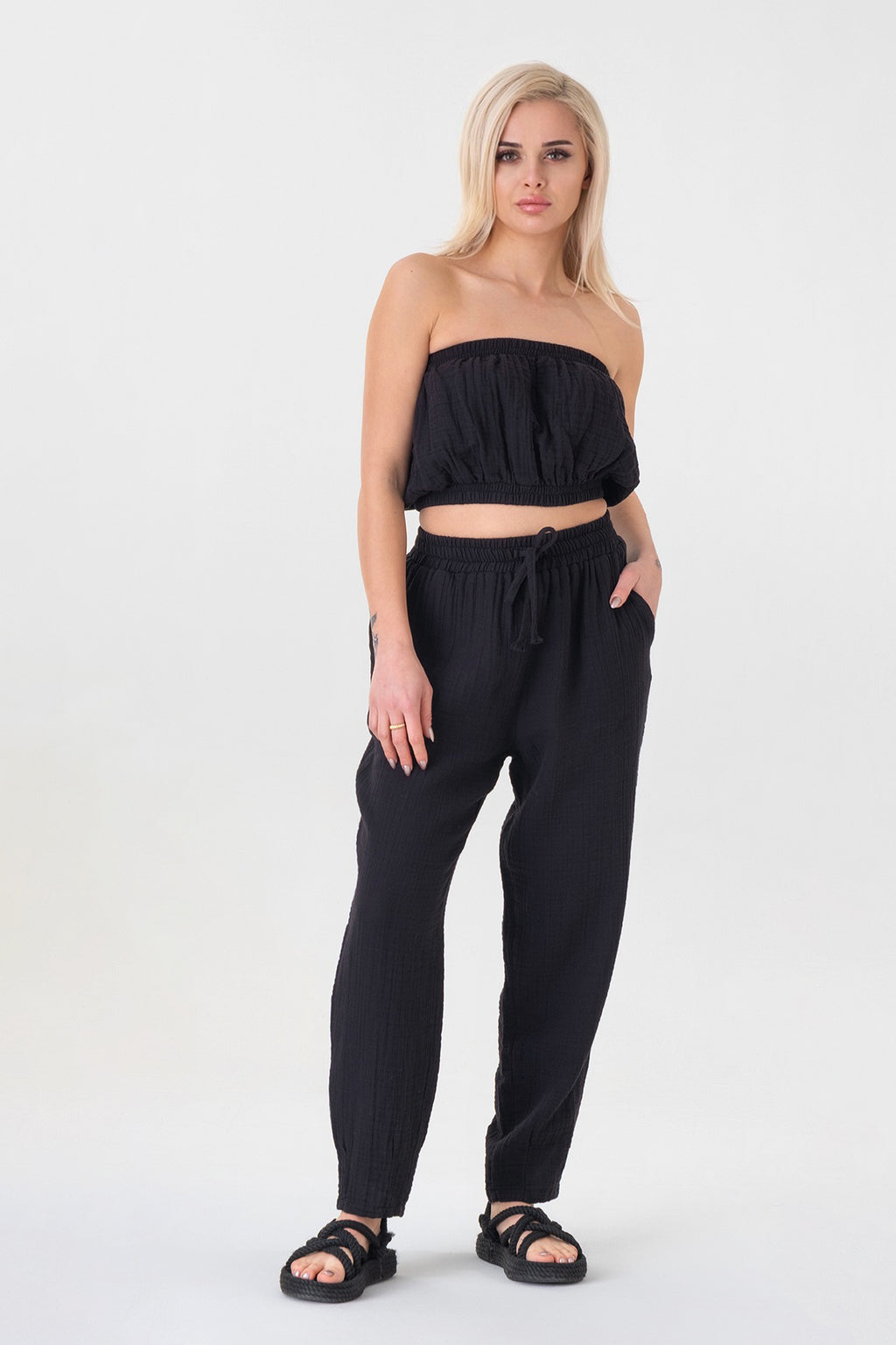 Palazzohose MusselinDamen Sommerhose 100 % Baumwolle, elastischer Bund