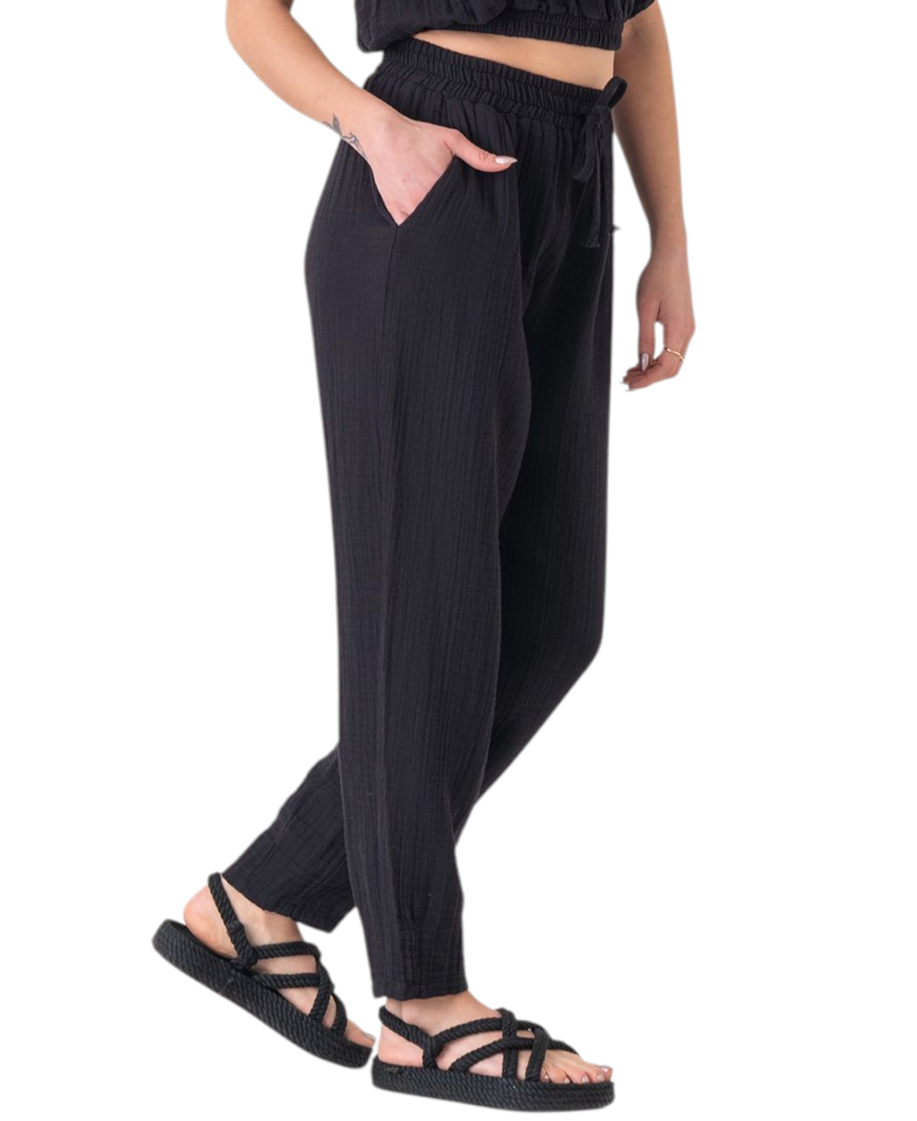 Schlupfhose Musselin Sommerhose, 100 % Baumwolle, elastischer Bund, Knöchellänge