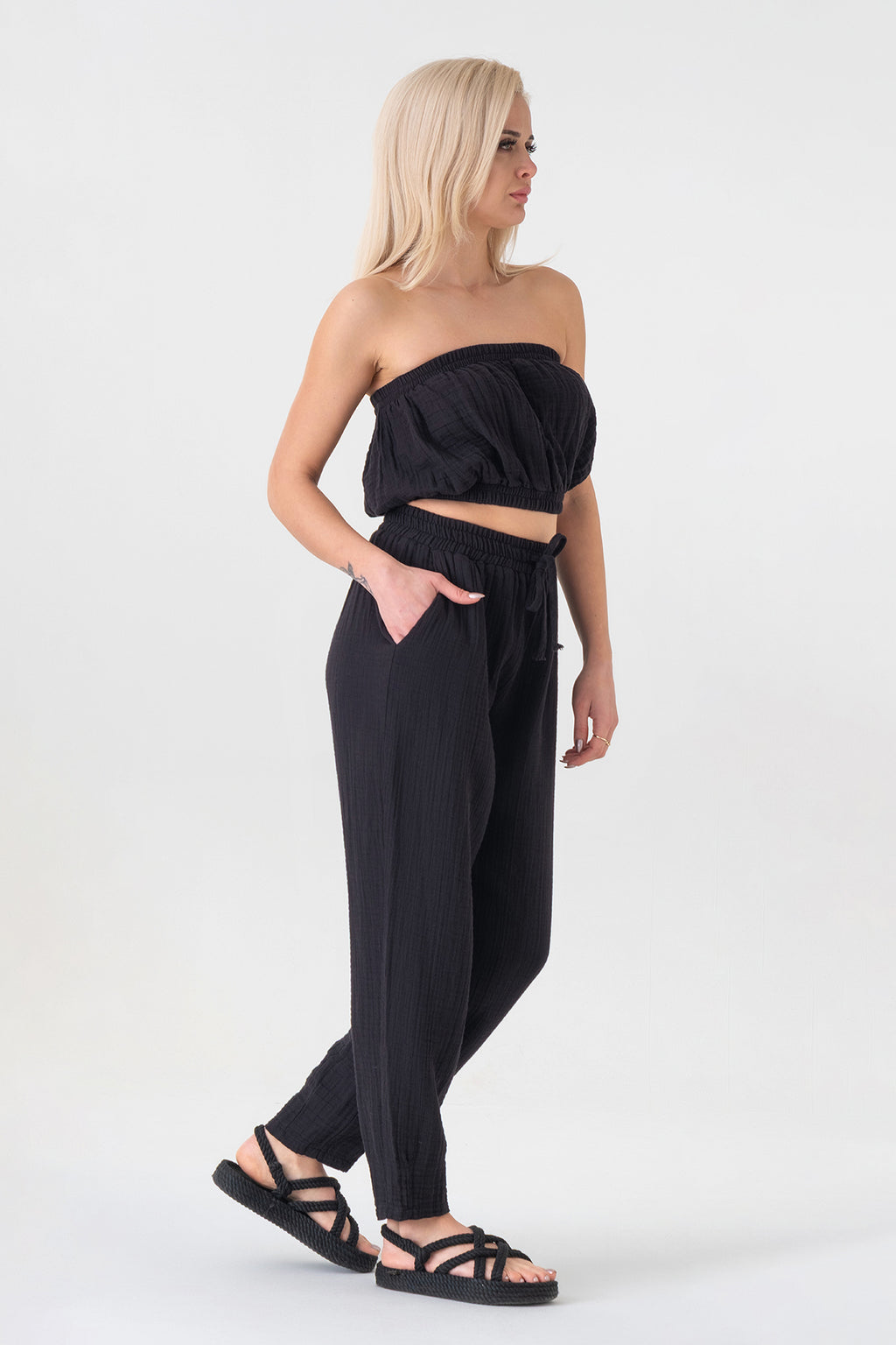 Palazzohose MusselinDamen Sommerhose 100 % Baumwolle, elastischer Bund