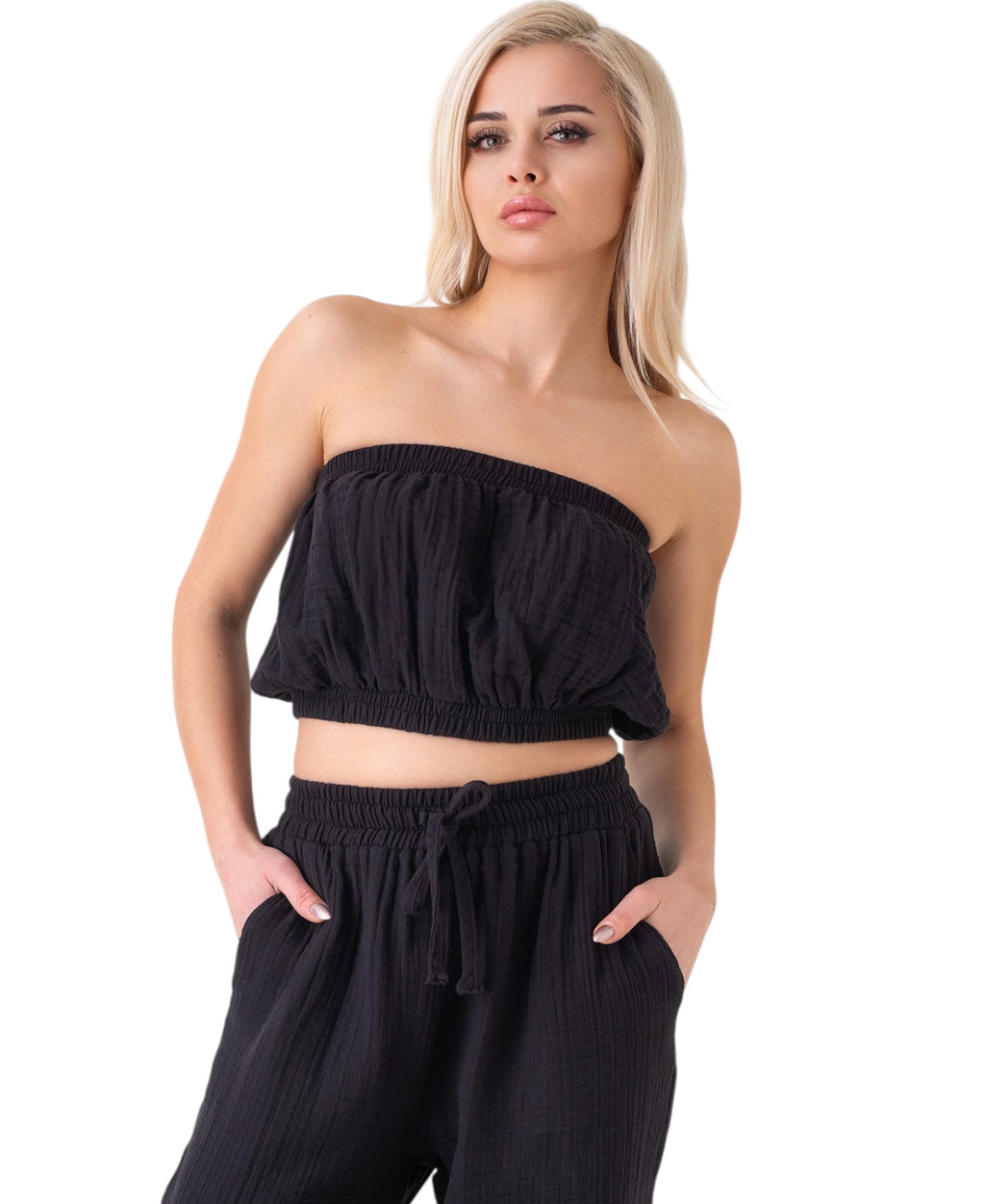 Crop-Top – Trägerloses Musselin-Oberteil mit Gummizug aus 100 % Baumwolle