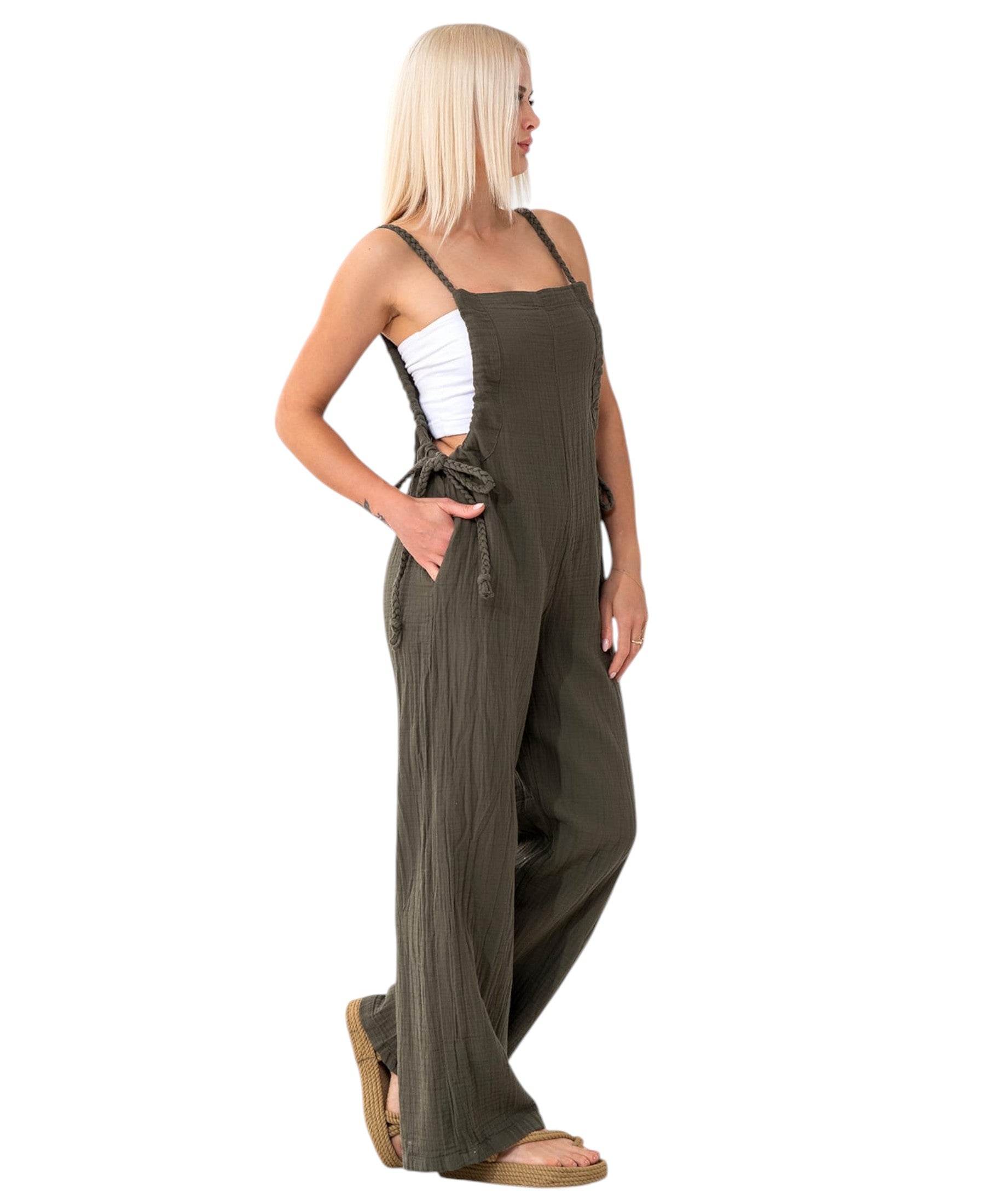 Overall Damen Jumpsuit Musselin mit Flechtträgern – locker & größenverstellbar