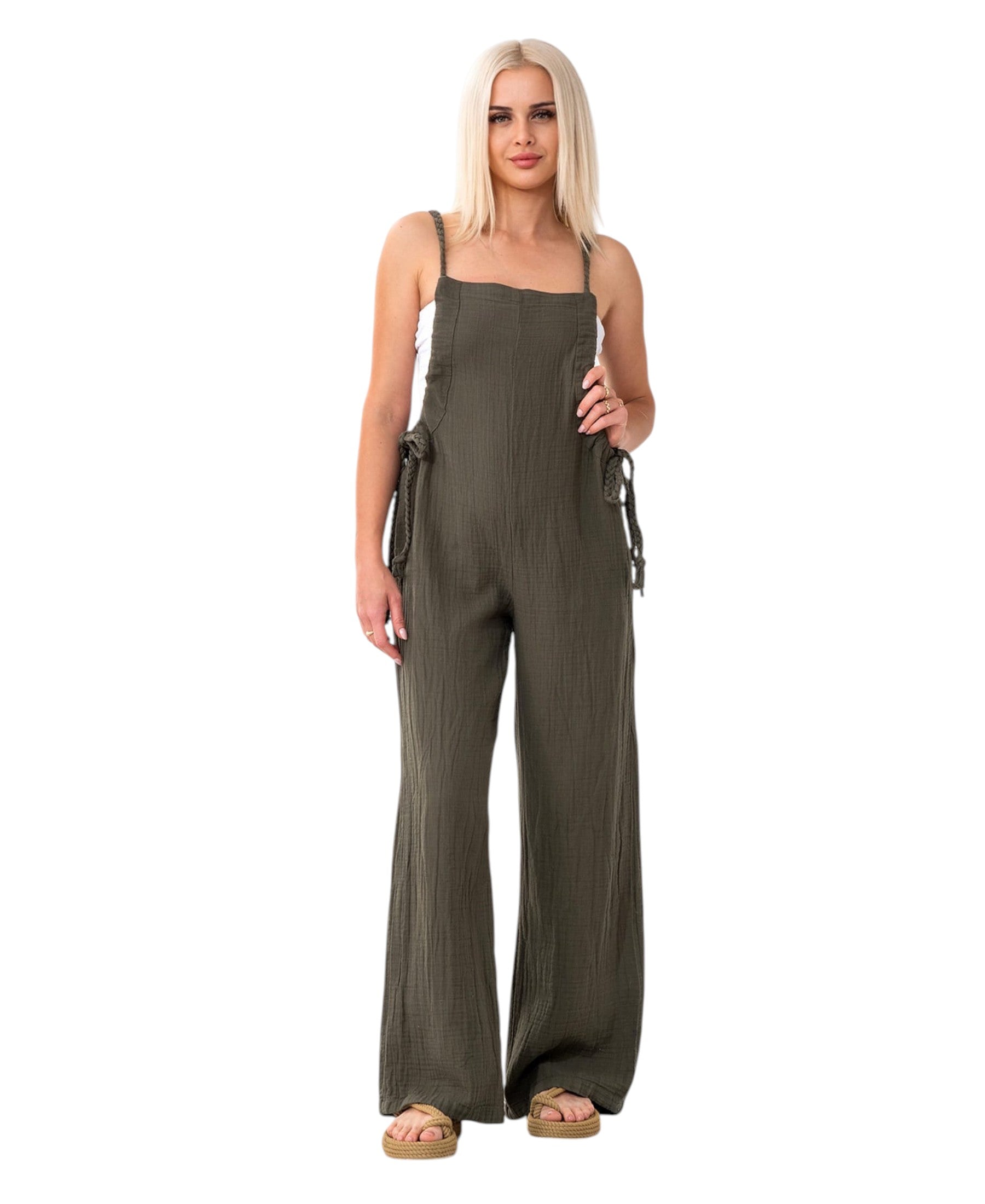 Overall Damen Jumpsuit Musselin mit Flechtträgern – locker & größenverstellbar
